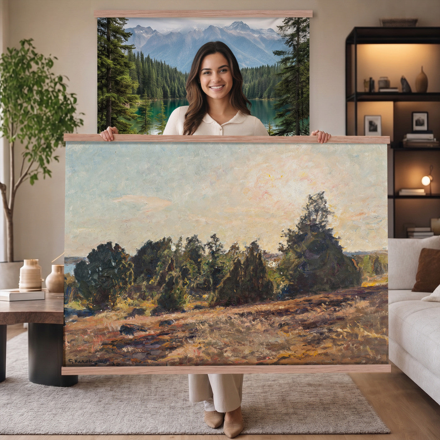 89318871-MGV-TP-30X20 - Impressionism oil painting tapestry wall hanging of "Landscape" by Jane Sutherland, showing a sunlit open field, dry golden grasses, and slender eucalyptus trees leaning under a bright southern sky in warm golden field tones with soft sage-green eucalyptus foliage. Extra large wall art, made in the USA.