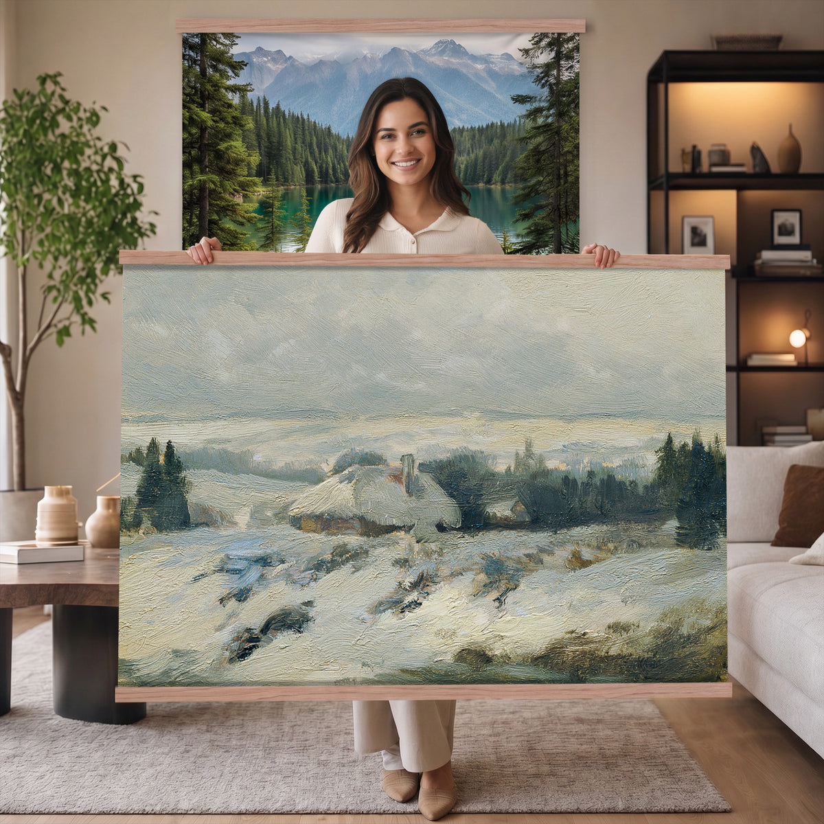 95240376-MGV-TP-30X20 - Realism oil painting tapestry wall hanging of "Bohmisch-Mahrische Hohe" by Ferdinand Engelmuller, showing a snow-covered highland village with low cottages, bare trees, and deep drifts stretching toward pale winter hills in cool white snow with warm ochre cottage walls under a pale winter sky. Extra large wall art, made in the USA.