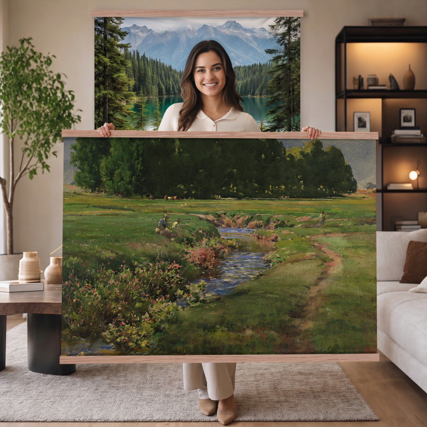 28805531-MGV-TP-30X20 - Tonalism watercolor tapestry wall hanging of "The Babbling Brook" by William Henry Holmes, showing a small brook running through open meadow grass, with soft banks, low shrubs, and a gentle rise beyond in fresh meadow greens with pale blue water and a soft light sky. Extra large wall art, made in the USA.