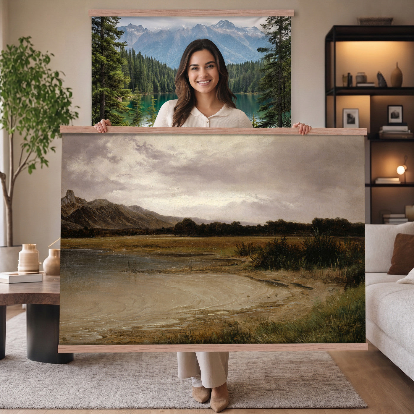 59141025-MGV-TP-30X20 - Romanticism oil study tapestry wall hanging of "A Lake Landscape" by Joseph Selleny, showing a still mountain lake under gathering storm clouds, with steep dark slopes falling straight into the water in deep slate blue water and dark mountain slopes under a heavy grey sky. Extra large wall art, made in the USA.