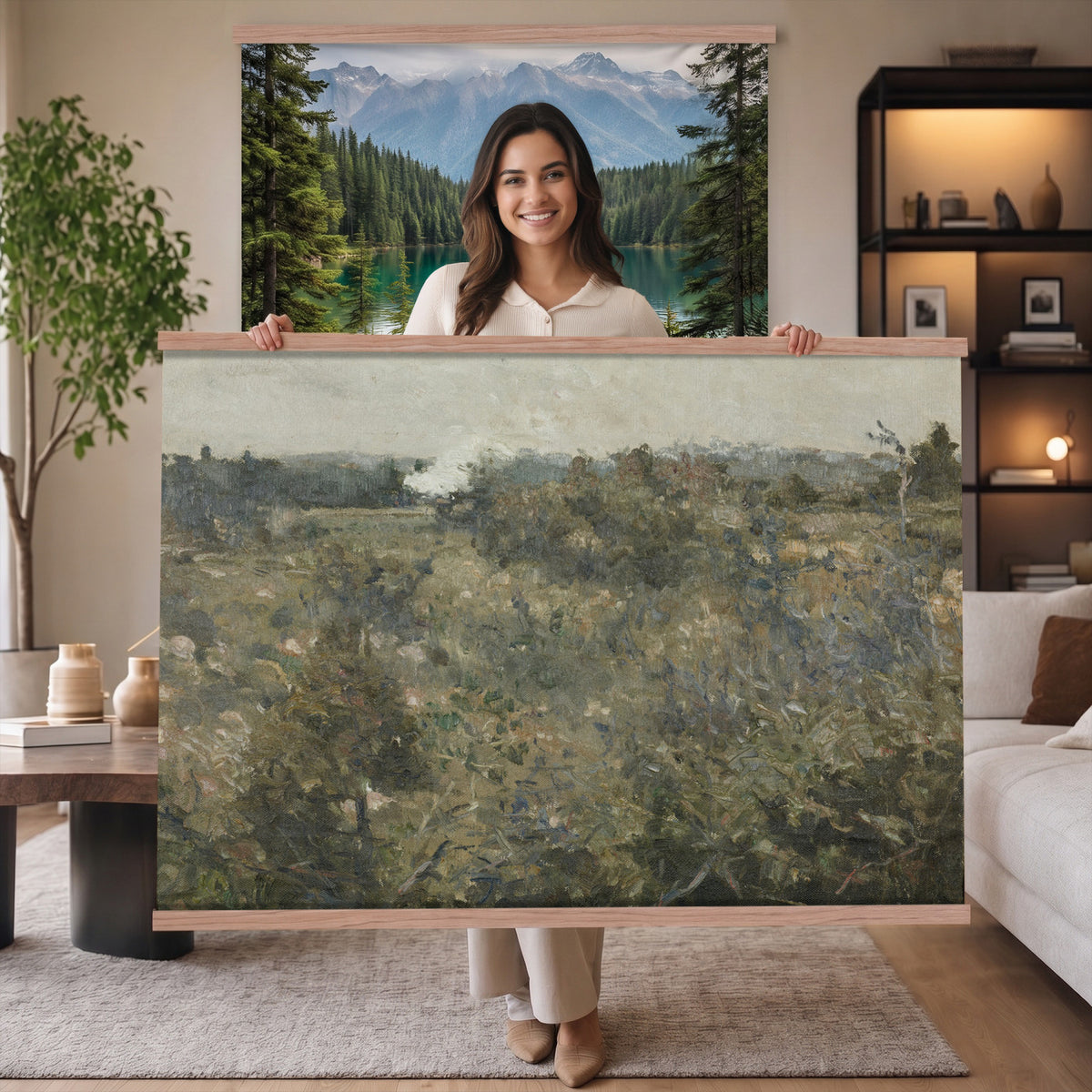 17414183-MGV-TP-30X20 - Realism oil study tapestry wall hanging of "Landscape Study at Grez-sur-Loing" by Frans Van Leemputten, showing an open field study at Grez-sur-Loing, with loose brushwork across low crops, hedgerows, and a soft French sky in soft field greens and warm earth tones under a pale washed sky. Extra large wall art, made in the USA.