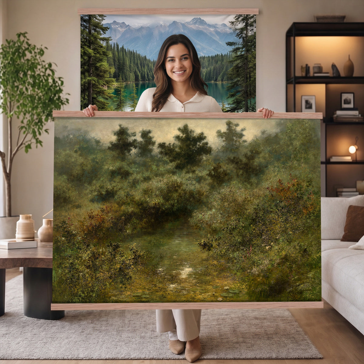 66880646-MGV-TP-30X20 - Barbizon oil painting tapestry wall hanging of "By the Brook" by Xavier De Cock, showing a shaded brook winding through dense woodland, with a small hidden figure resting among the trees in dark layered forest greens with warm brown earth and pale water light. Extra large wall art, made in the USA.