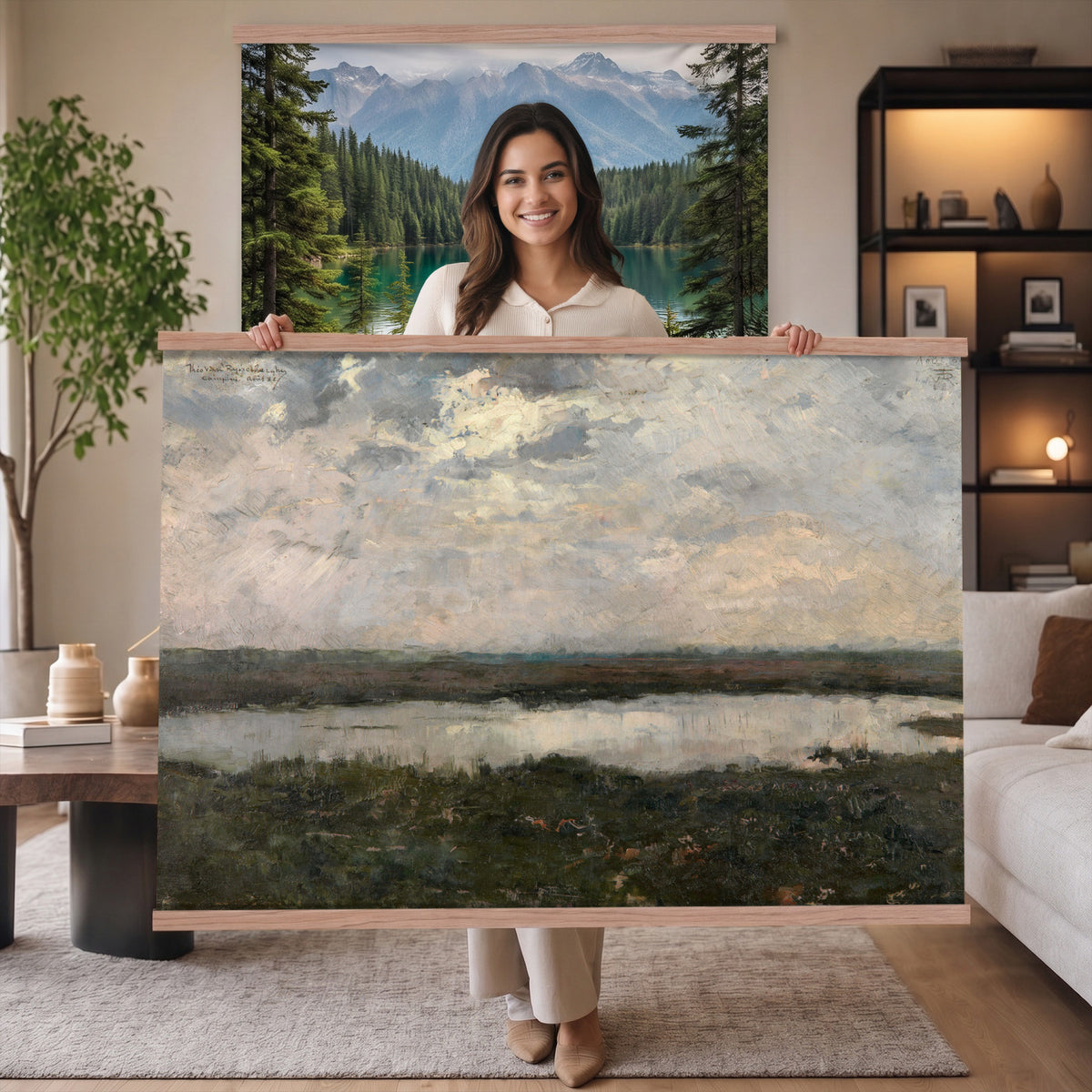 57830037-MGV-TP-30X20 - Neo Impressionism oil painting tapestry wall hanging of "Pool in the Kempen" by Theo van Rysselberghe, showing a still heath pool in the Campine, ringed by low scrub and slender birches under a soft northern sky in cool blue-green water with pale heath grasses and slim birch trunks. Extra large wall art, made in the USA.