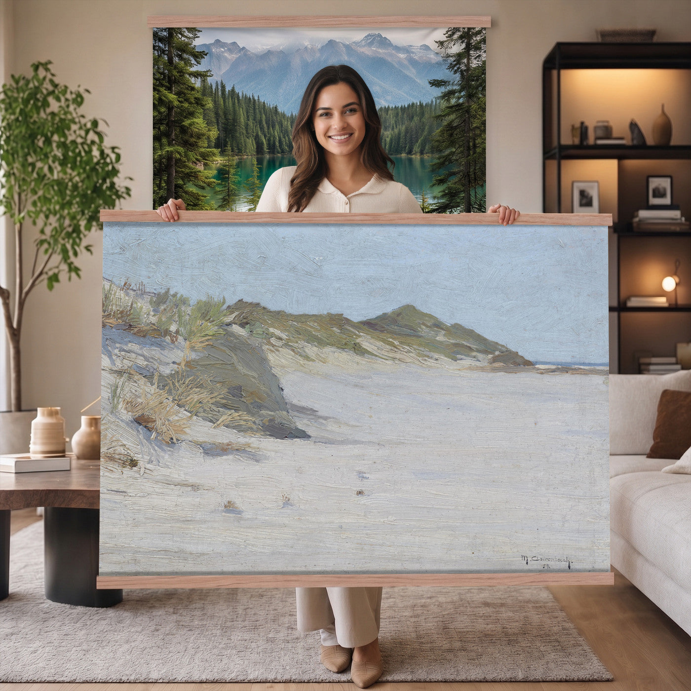 74023087-MGV-TP-30X20 - Impressionism oil painting tapestry wall hanging of "Beach Dunes" by Max Clarenbach, showing low rolling sand dunes topped with pale beach grass, opening toward a quiet sea under a wide soft sky in pale sand tones and dune grass under a wide soft blue-grey sky. Extra large wall art, made in the USA.