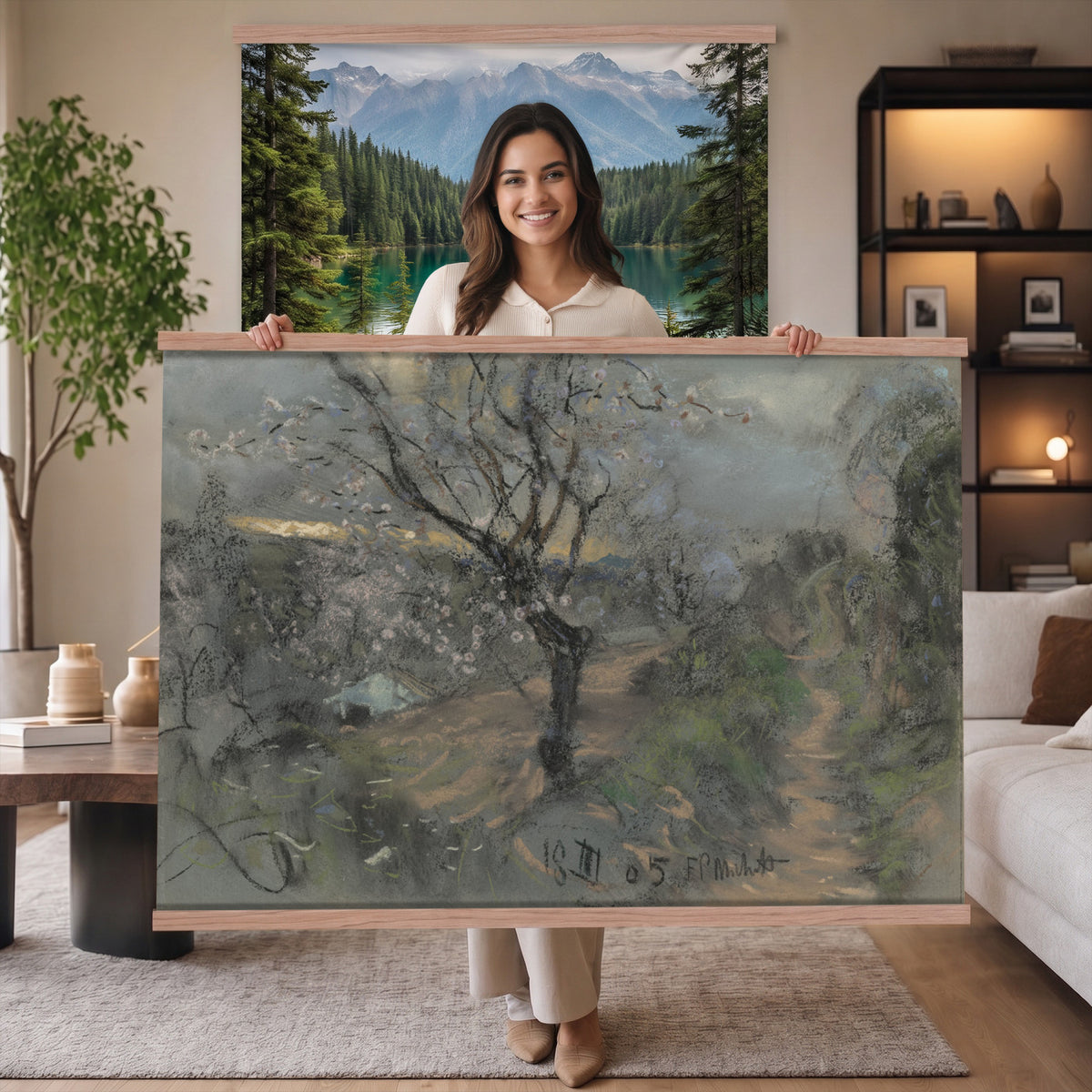 39102913-MGV-TP-30X20 - Realism charcoal and pastel sketch tapestry wall hanging of "Fields with Trees in Blossom" by Francesco Paolo Michetti, showing a dark country road running between blossoming trees, drawn in heavy charcoal under a low stormy sky in deep charcoal greys and blacks with pale blossom highlights. Extra large wall art, made in the USA.