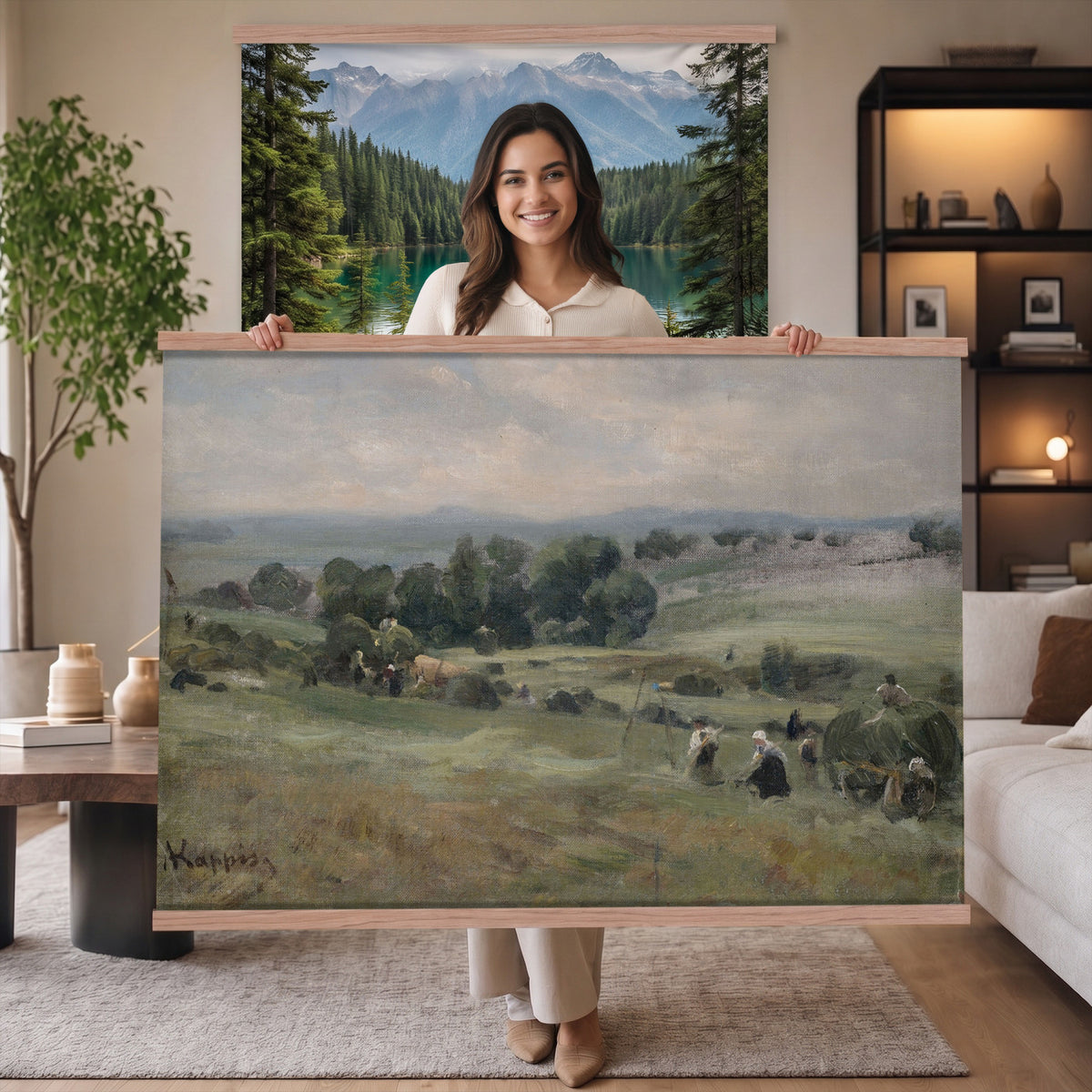 98563887-MGV-TP-30X20 - Realism oil painting tapestry wall hanging of "Heuernte" by Albert Kappis, showing farmworkers gathering hay in a wide summer field, with loaded carts, tall stacks, and a warm open sky in warm golden hay tones with green field edges under a bright summer sky. Extra large wall art, made in the USA.