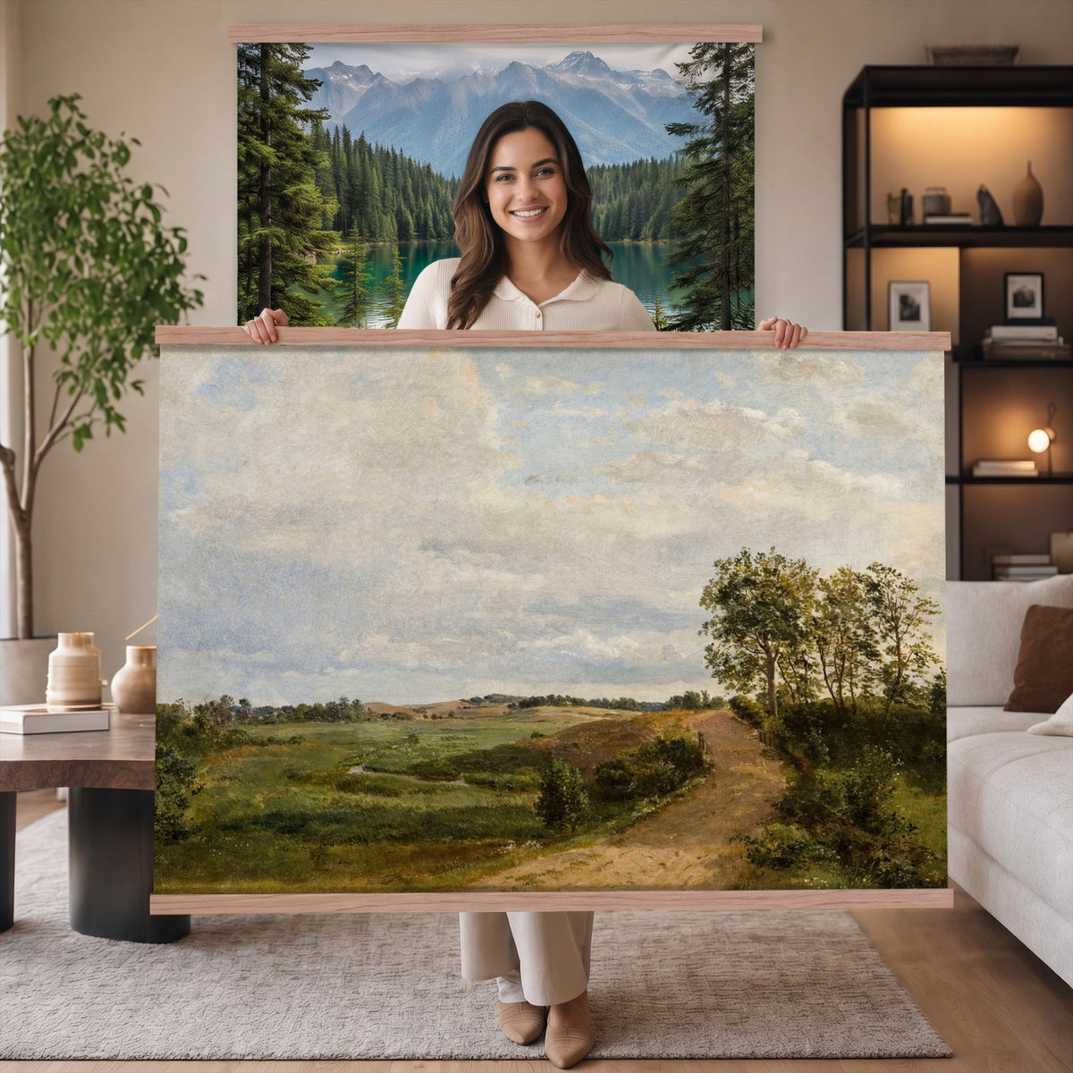 53363268-MGV-TP-30X20 - Realism oil study tapestry wall hanging of "Road across the Hills, Study" by Dankvart Dreyer, showing a bare country road climbing across open hills, with low scrub, worn ruts, and a wide Danish sky above in warm sandy road tones and dry hill greens under a pale wide sky. Extra large wall art, made in the USA.