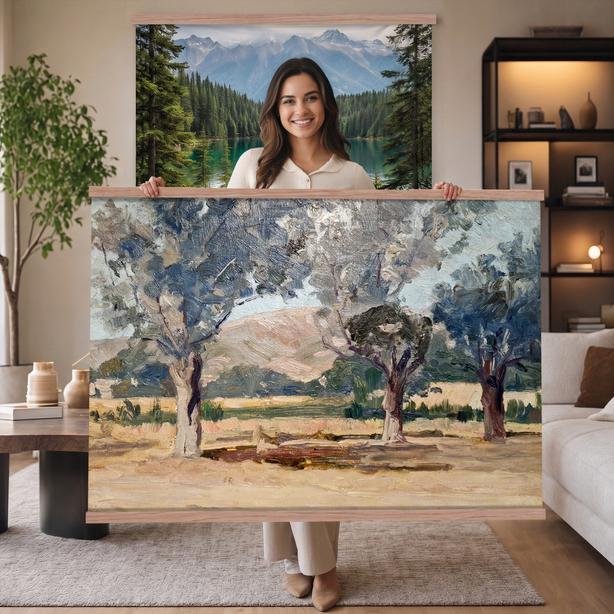 38071069-MGV-TP-30X20 - Impressionism oil painting tapestry wall hanging of "Landscape" by Jane Sutherland, showing a sunlit open field, dry golden grasses, and slender eucalyptus trees leaning under a bright southern sky in warm golden field tones with soft sage-green eucalyptus foliage. Extra large wall art, made in the USA.