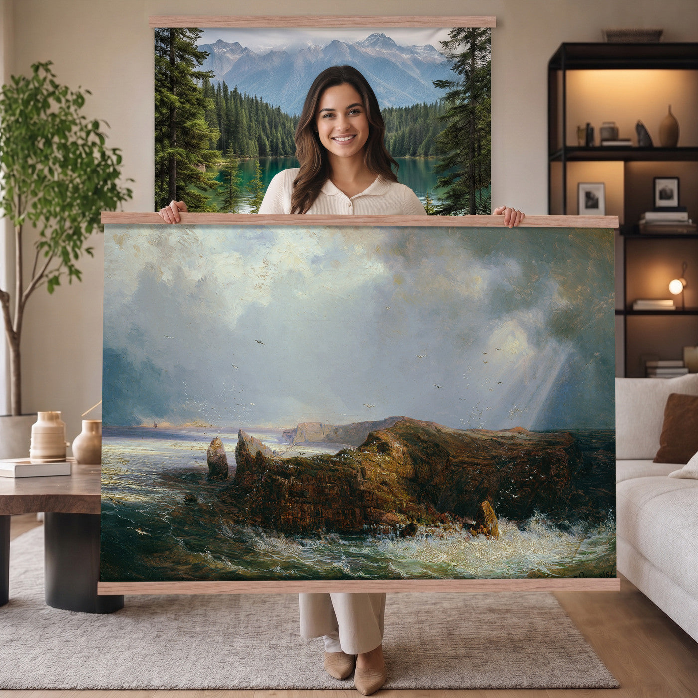 14088110-MGV-TP-30X20 - Romanticism oil study tapestry wall hanging of "Die Insel St Paul" by Joseph Selleny, showing the volcanic island of Saint Paul rising from a restless Indian Ocean, with breaking surf against dark rock walls in dark volcanic rock and grey-green ocean swells under a stormy sky. Extra large wall art, made in the USA.