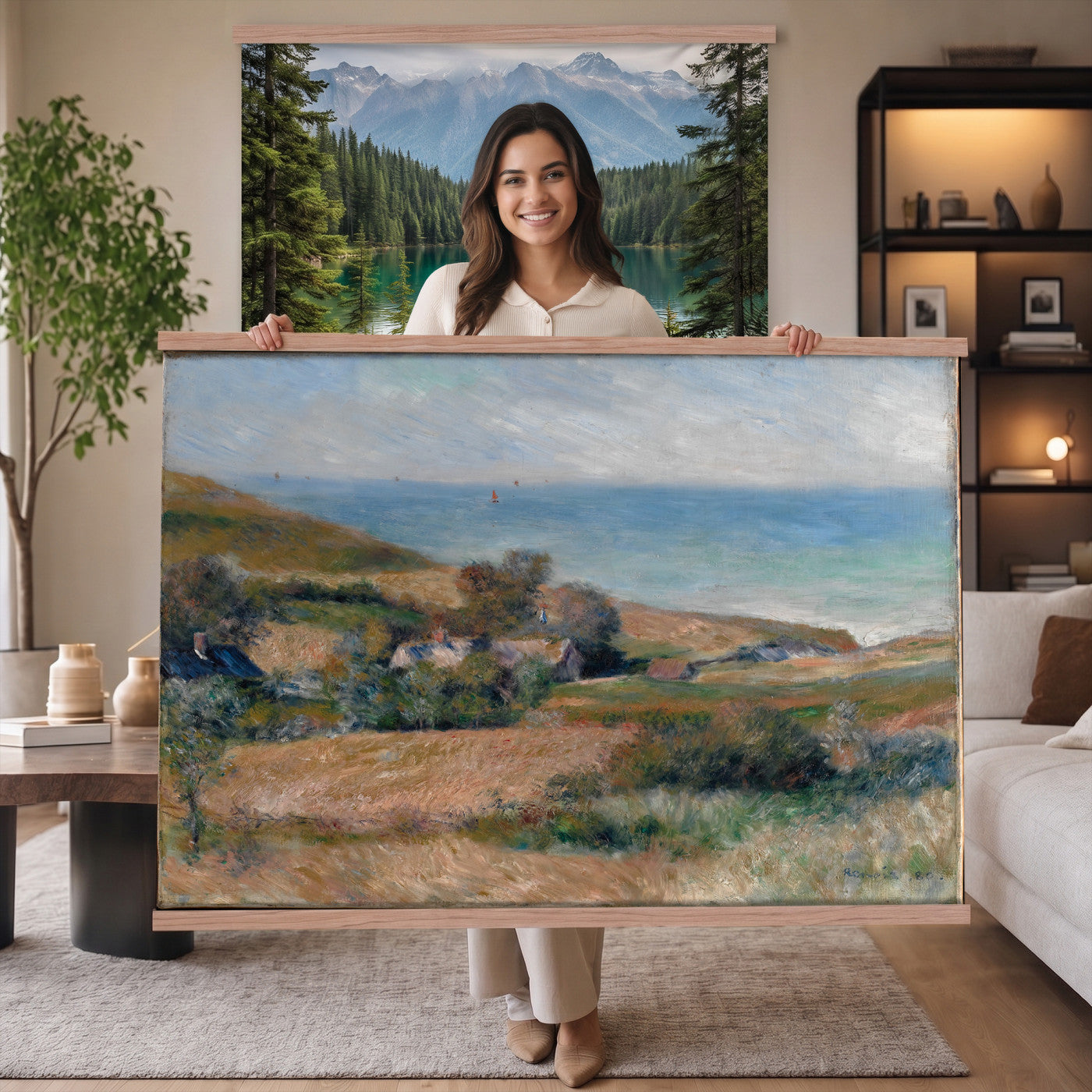 65714584-MGV-TP-30X20 - Impressionism oil painting tapestry wall hanging of "View of the Seacoast near Wargemont in Normandy" by Pierre-Auguste Renoir, showing green Normandy cliffs rolling down to a bright sea, with scattered shrubs and a light-filled summer sky in fresh greens and soft blues with warm sunlit highlights. Extra large wall art, made in the USA.