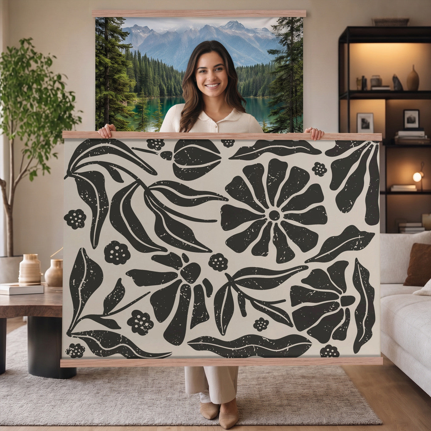 21342917-MGV-TP-30X20 - Mid Century Modern linocut print tapestry wall hanging of "Abstract Floral Linocut", showing simplified flower heads and stems cut into bold black shapes against clean white space in bold black shapes on a bright white ground. Extra large wall art, made in the USA.