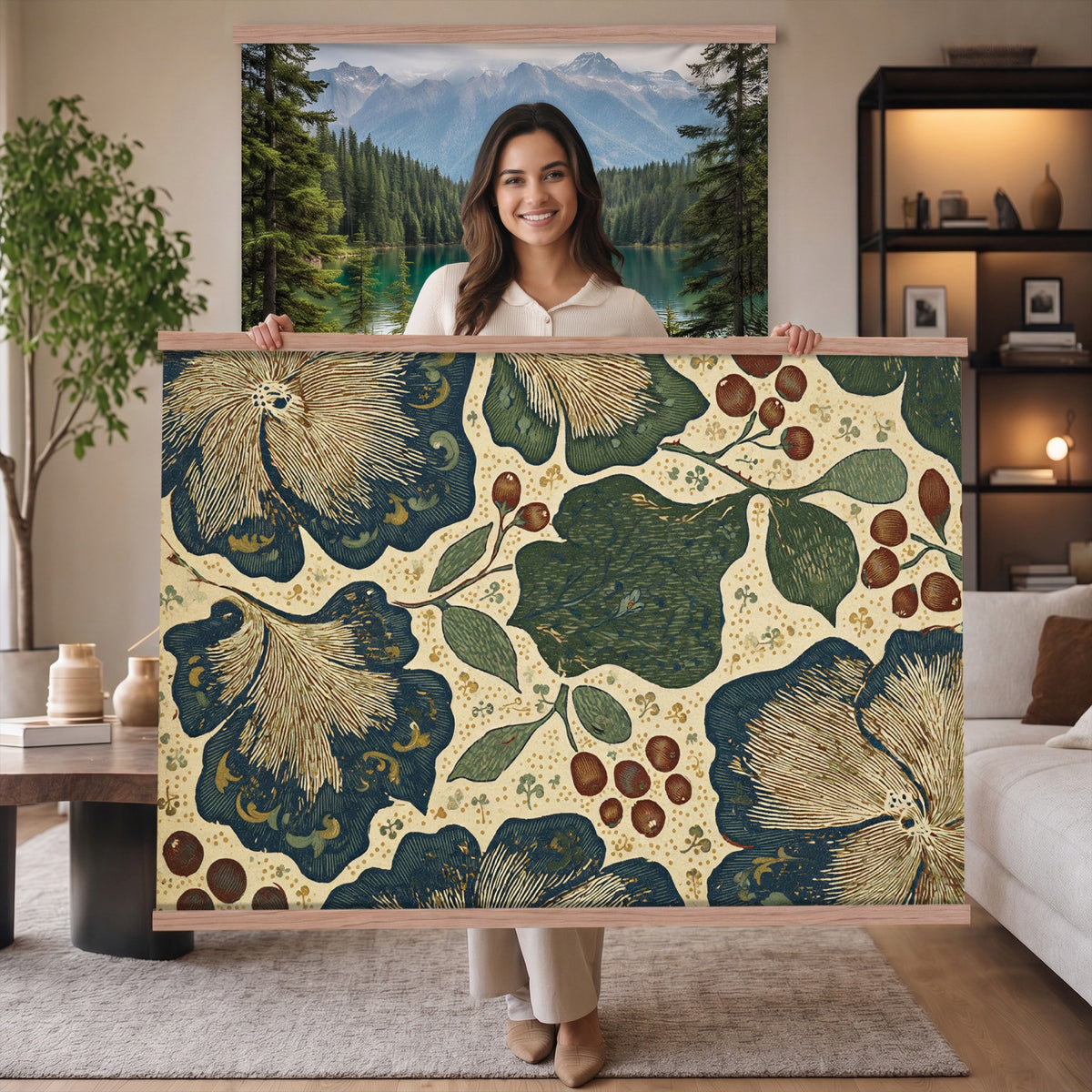 92325062-MGV-TP-30X20 - Art Nouveau pattern design tapestry wall hanging of "Sage Botanical Pattern" by William Morris, showing sage green stems, open flowers and layered foliage repeating in a balanced botanical weave in sage and olive green with soft cream botanical linework. Extra large wall art, made in the USA.