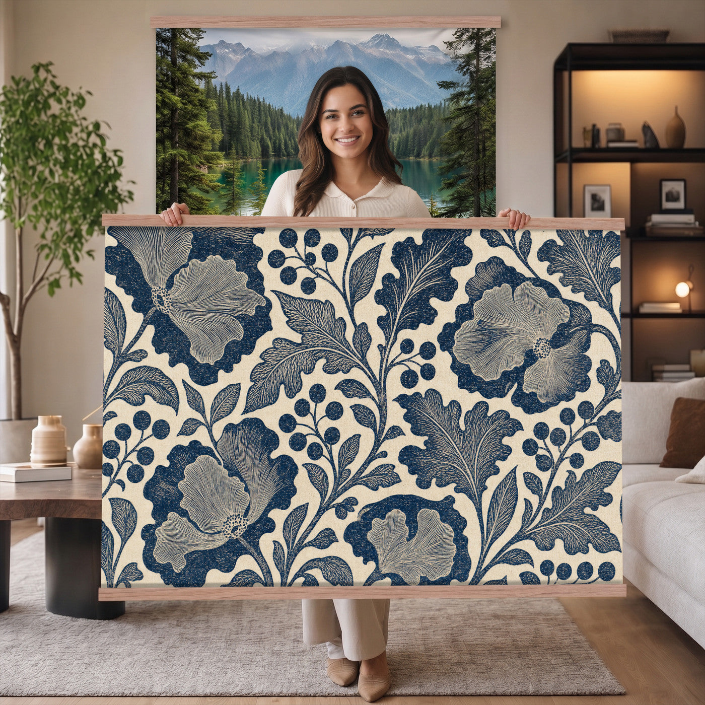 97130377-MGV-TP-30X20 - Art Nouveau pattern design tapestry wall hanging of "Indigo Botanical Pattern" by William Morris, showing trailing indigo stems, open blossoms and curling leaves repeating across the full width in deep indigo and cobalt blue with soft cream linework. Extra large wall art, made in the USA.