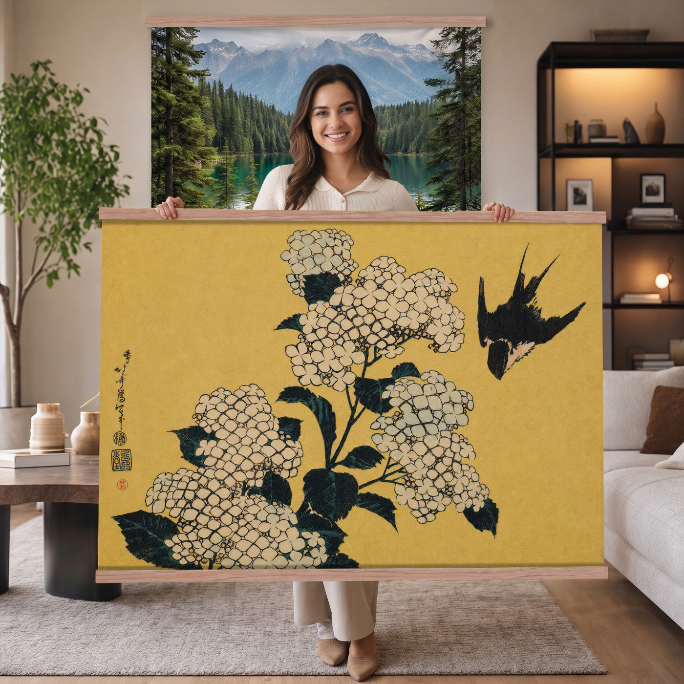 24787197-MGV-TP-30X20 - Ukiyo-e woodblock print tapestry wall hanging of "Hydrangea and Swallow" by Katsushika Hokusai, showing a swallow in flight above a full hydrangea head, drawn with the precise line of Japanese woodblock in soft blue hydrangea blooms with warm gold ground. Extra large wall art, made in the USA.