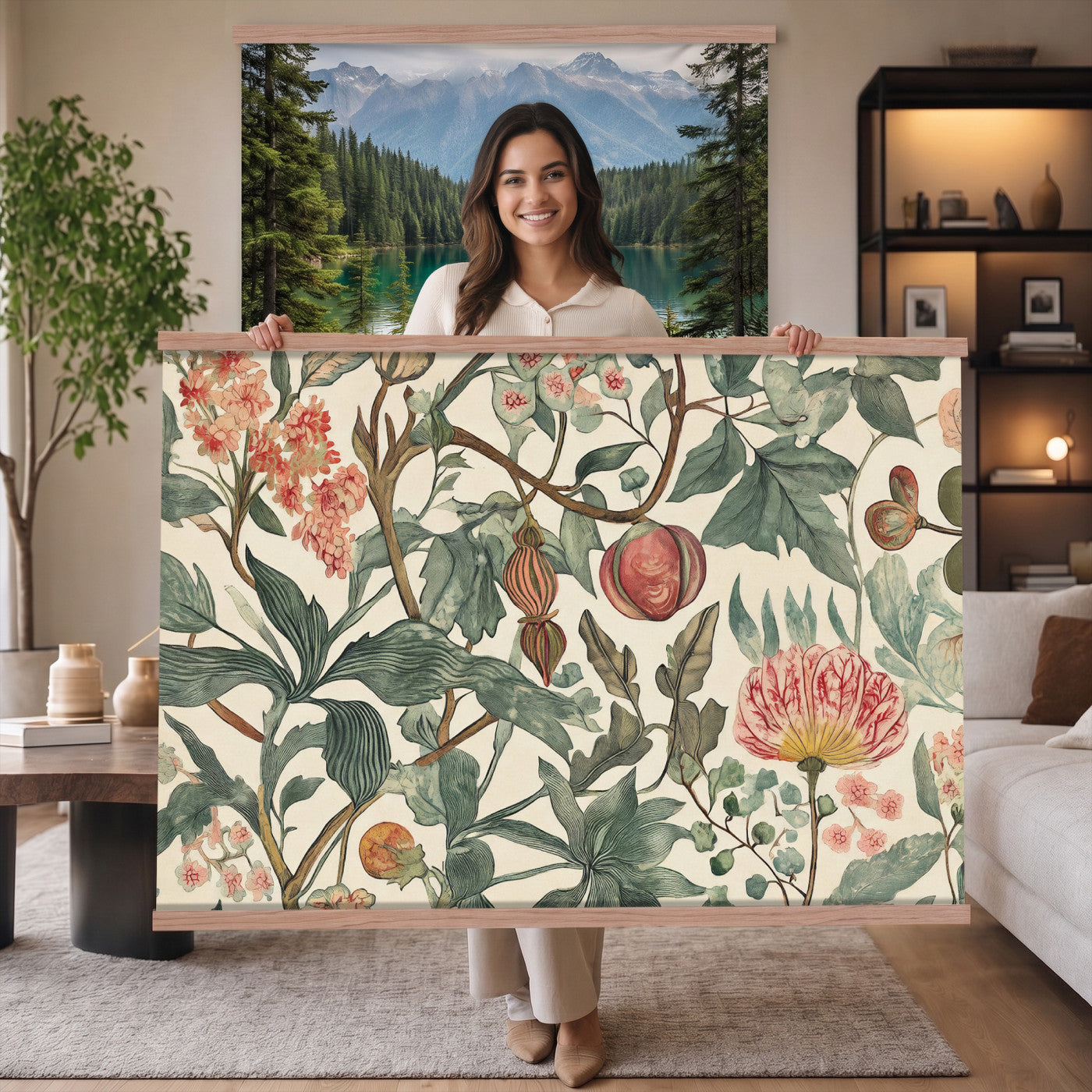 67322868-MGV-TP-30X20 - Art Nouveau pattern design tapestry wall hanging of "Pomegranate Botanical Pattern" by William Morris, showing a repeating weave of pomegranates, open blossoms and curling acanthus leaves in perfect balance in warm ruby fruit and deep green foliage on a cream ground. Extra large wall art, made in the USA.