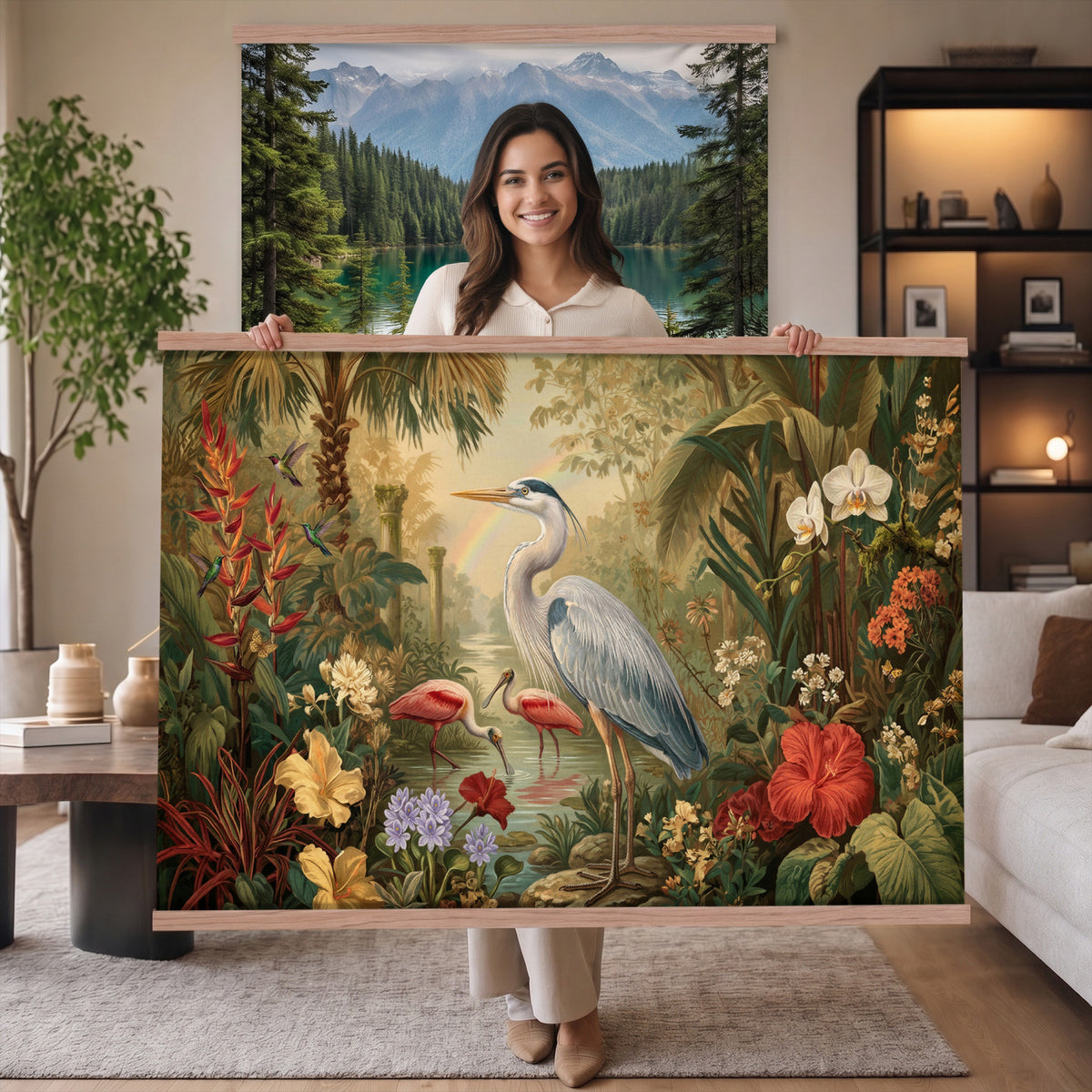 20081183-MGV-TP-30X20 - Botanical botanical illustration tapestry wall hanging of "Great Blue Heron in the Jungle", showing a great blue heron standing among hibiscus blooms, palm fronds and dense tropical foliage in deep jungle greens with red hibiscus and soft blue heron plumage. Extra large wall art, made in the USA.