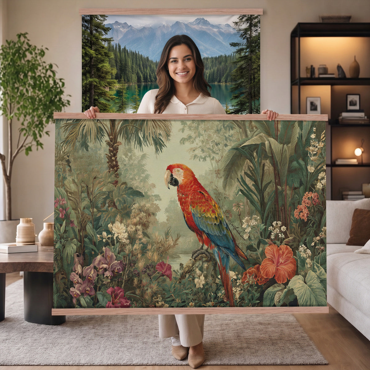 75232040-MGV-TP-30X20 - Botanical botanical illustration tapestry wall hanging of "Scarlet Macaw in the Jungle", showing a scarlet macaw perched among hibiscus flowers, palm leaves and thick rainforest growth in bright scarlet and gold plumage against deep jungle green. Extra large wall art, made in the USA.