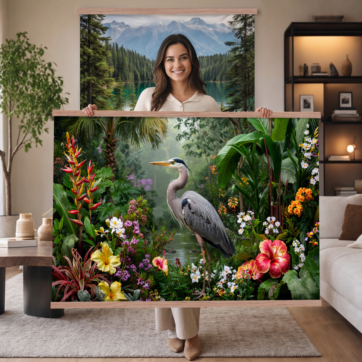 82504330-MGV-TP-30X20 - Botanical botanical illustration tapestry wall hanging of "Great Blue Heron in the Jungle", showing a great blue heron standing among hibiscus blooms, palm fronds and dense tropical foliage in deep jungle greens with red hibiscus and soft blue heron plumage. Extra large wall art, made in the USA.