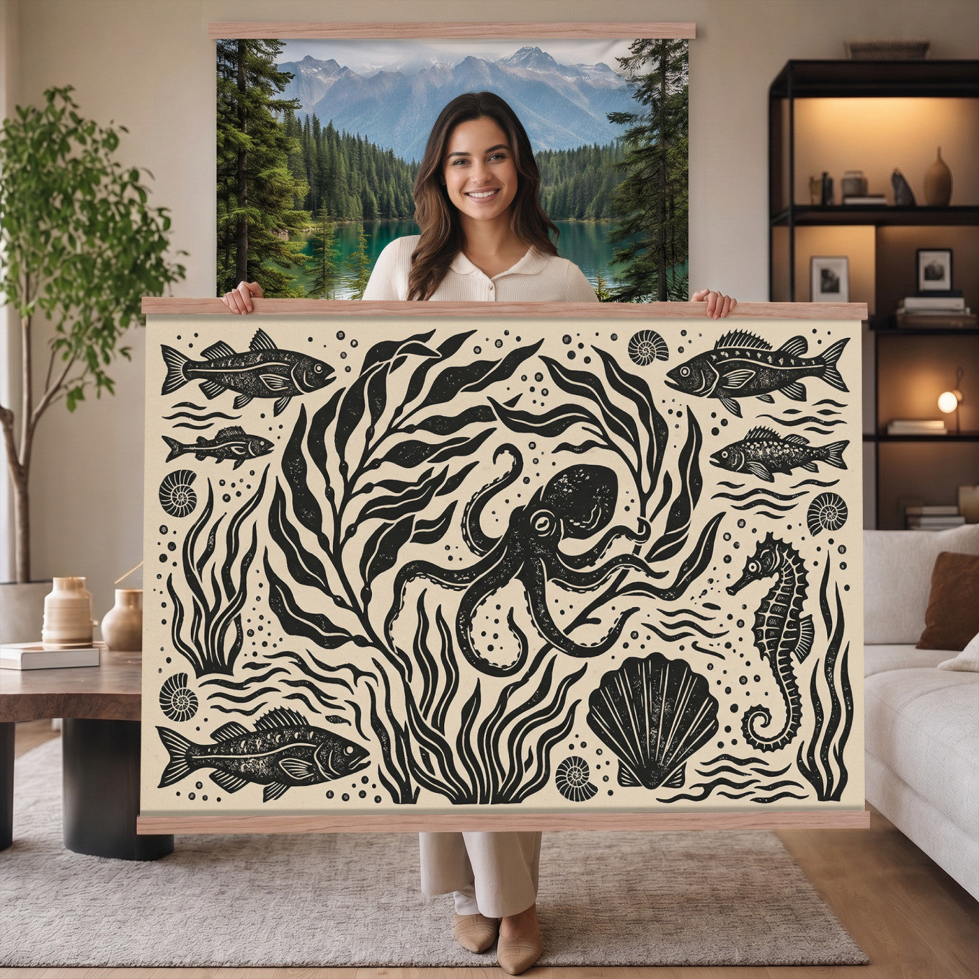 75988079-MGV-TP-30X20 - Folk Art linocut print tapestry wall hanging of "Ocean Life Panel", showing an octopus, seahorses, shells and curling waves cut into bold black and white folk art shapes in bold black linocut shapes on a cream ground. Extra large wall art, made in the USA.