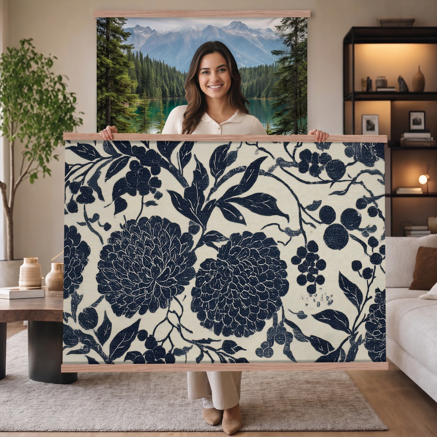 42507419-MGV-TP-30X20 - Chinoiserie ink block print tapestry wall hanging of "Chinoiserie Peony and Chrysanthemum Panel", showing peonies and chrysanthemums layered across a soft grey field, drawn in muted black line in black and soft grey linework on a warm neutral ground. Extra large wall art, made in the USA.