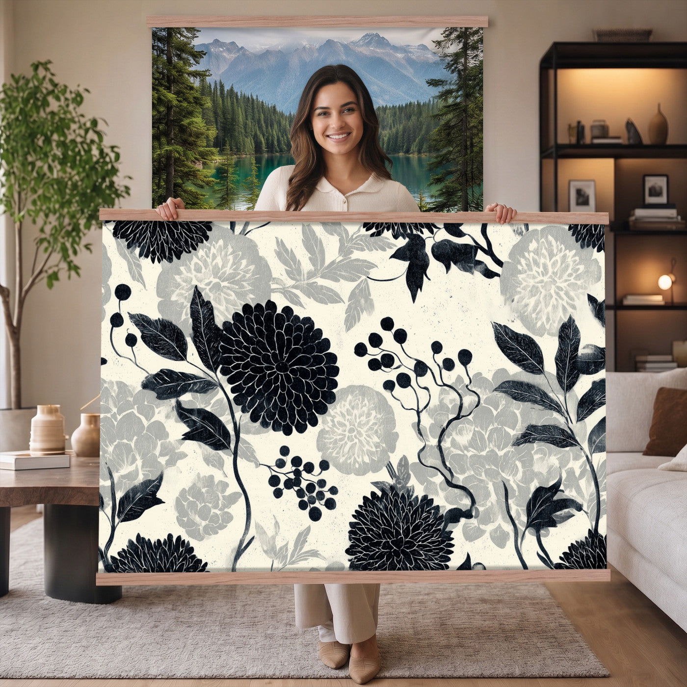 27269625-MGV-TP-30X20 - Chinoiserie ink block print tapestry wall hanging of "Chinoiserie Peony and Chrysanthemum Panel", showing peonies and chrysanthemums layered across a soft grey field, drawn in muted black line in black and soft grey linework on a warm neutral ground. Extra large wall art, made in the USA.