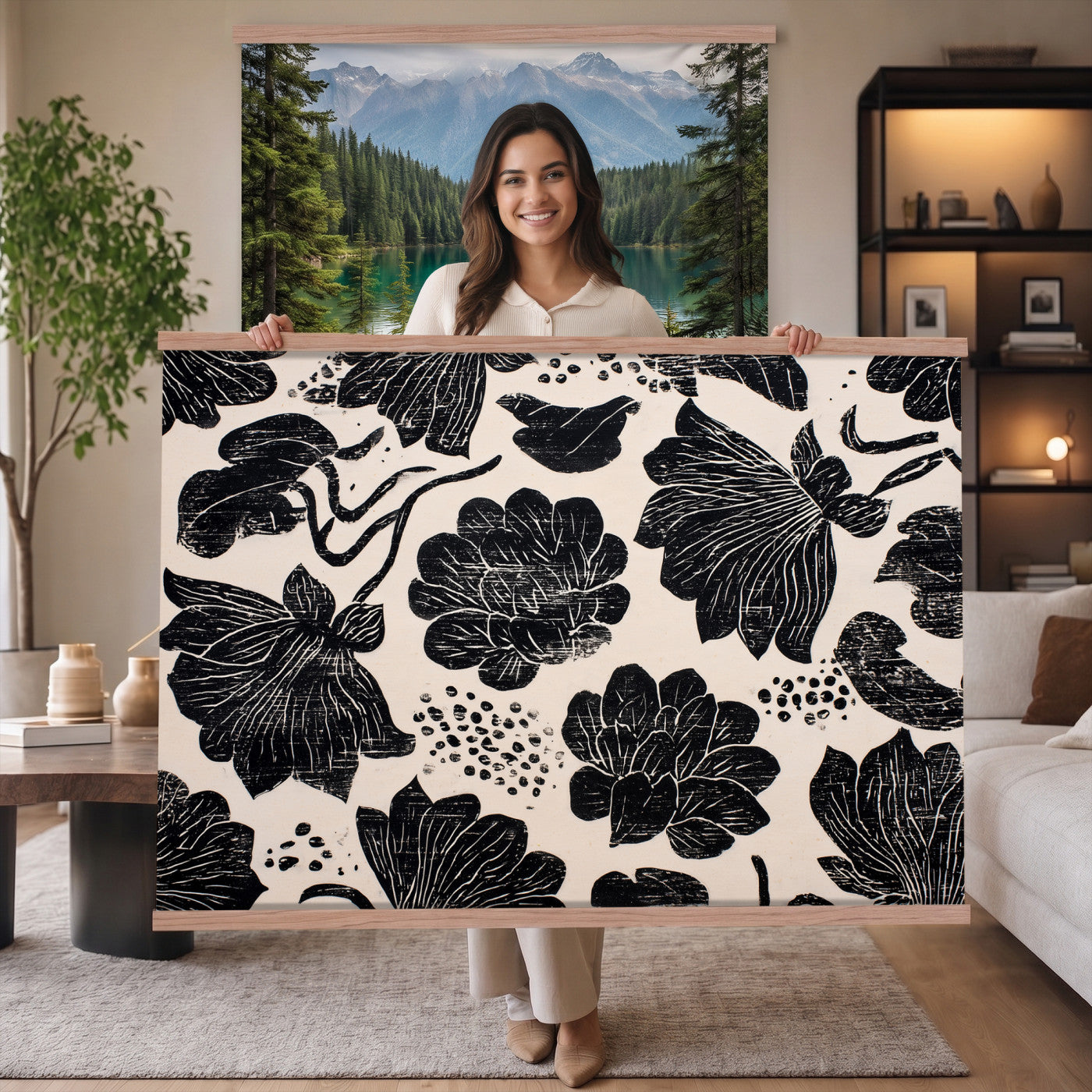 91793867-MGV-TP-30X20 - Chinoiserie ink block print tapestry wall hanging of "Chinoiserie Lotus Panel", showing open lotus flowers and broad water lily pads rising on tall stems, cut in bold black and white in deep black lotus linework on a soft white ground. Extra large wall art, made in the USA.