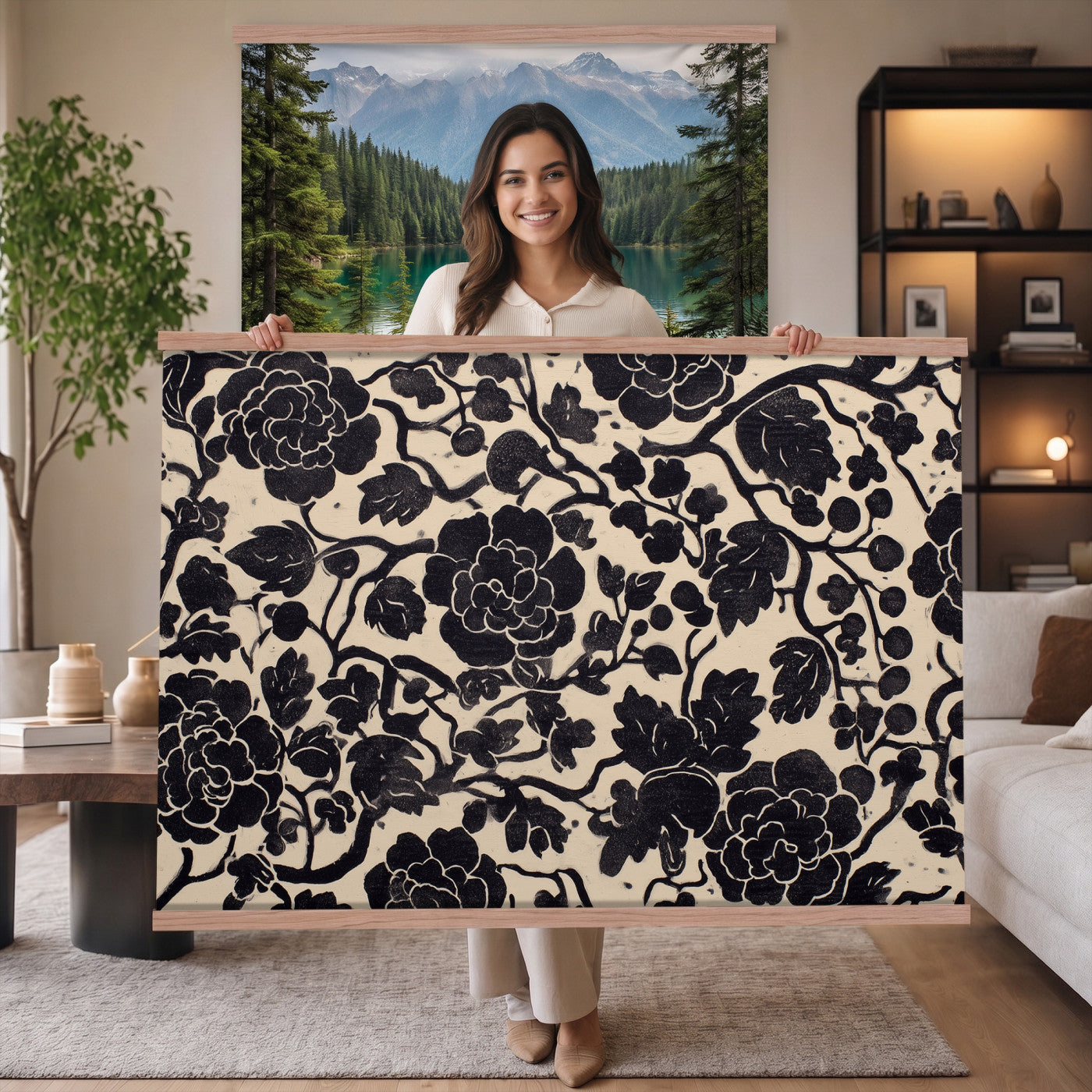 18660803-MGV-TP-30X20 - Chinoiserie ink block print tapestry wall hanging of "Chinoiserie Peony Panel", showing full peony blooms, curling stems and layered leaf work drawn in fine black line on a pale ground in deep black linework on a soft white ground. Extra large wall art, made in the USA.