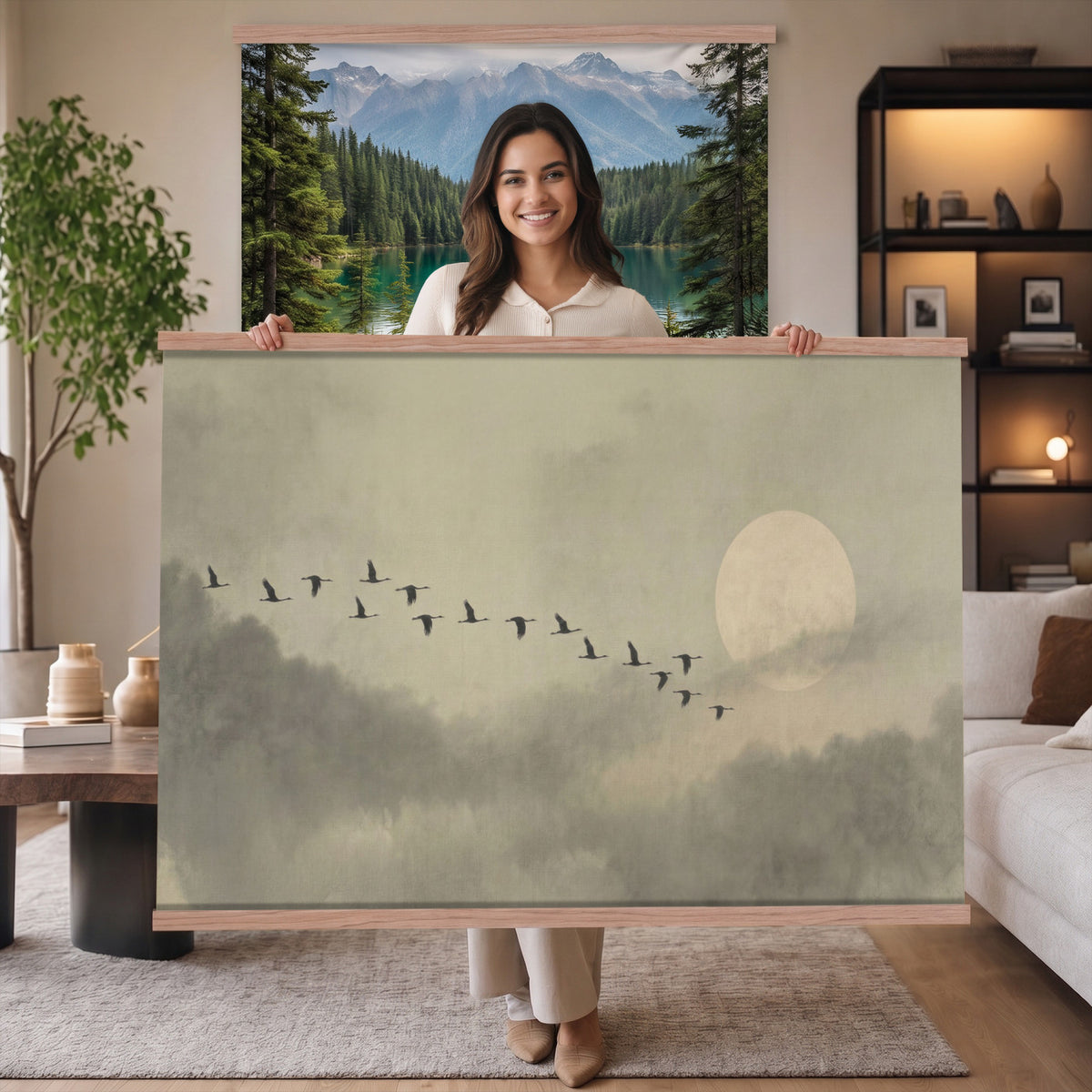 1209814BT-MGV-TP-30X20 - Flying Cranes Tapestry Wall Art, Misty Landscape with Moon, Sage Green Japandi Decor, Framed Print