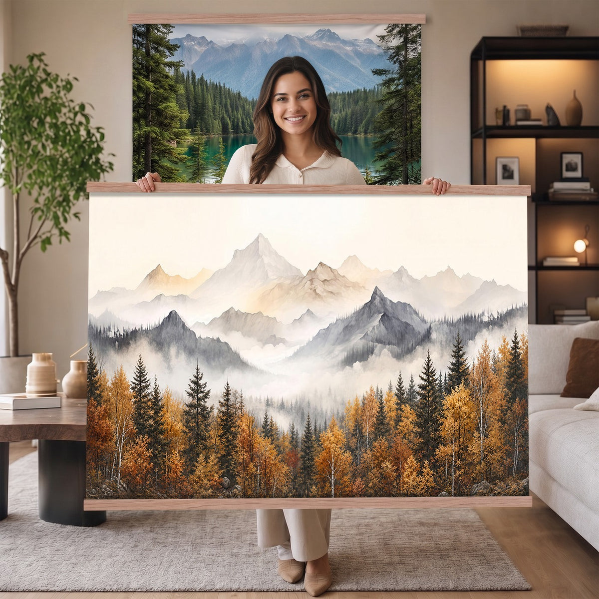 19544118-_Poster-30x20 - Misty Mountain Autumn Forest Canvas Wall Art - Watercolor Fall Nature Landscape Print