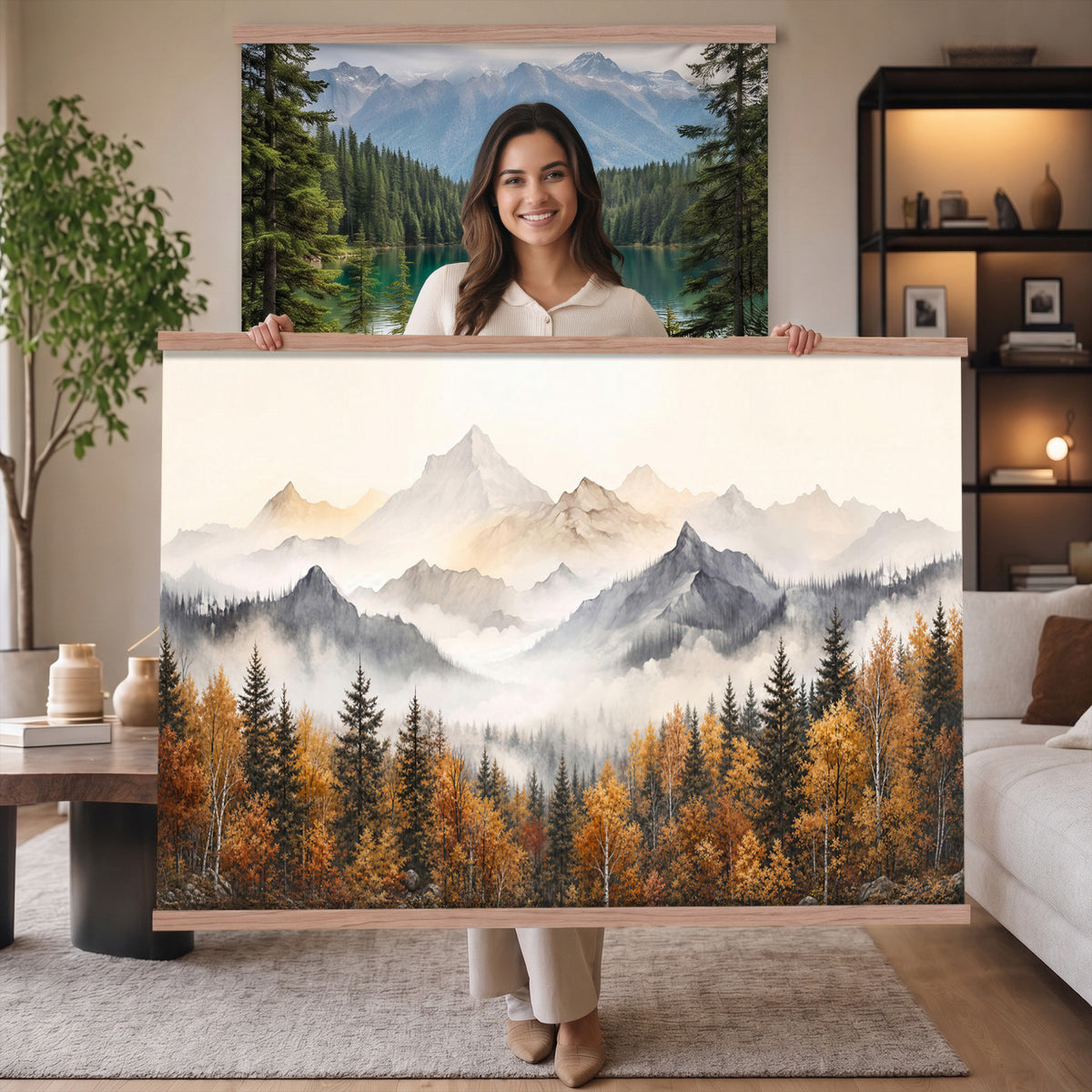19544118-MGV-TP-30X20 - Misty Mountain Autumn Forest Canvas Wall Art - Watercolor Fall Nature Landscape Print