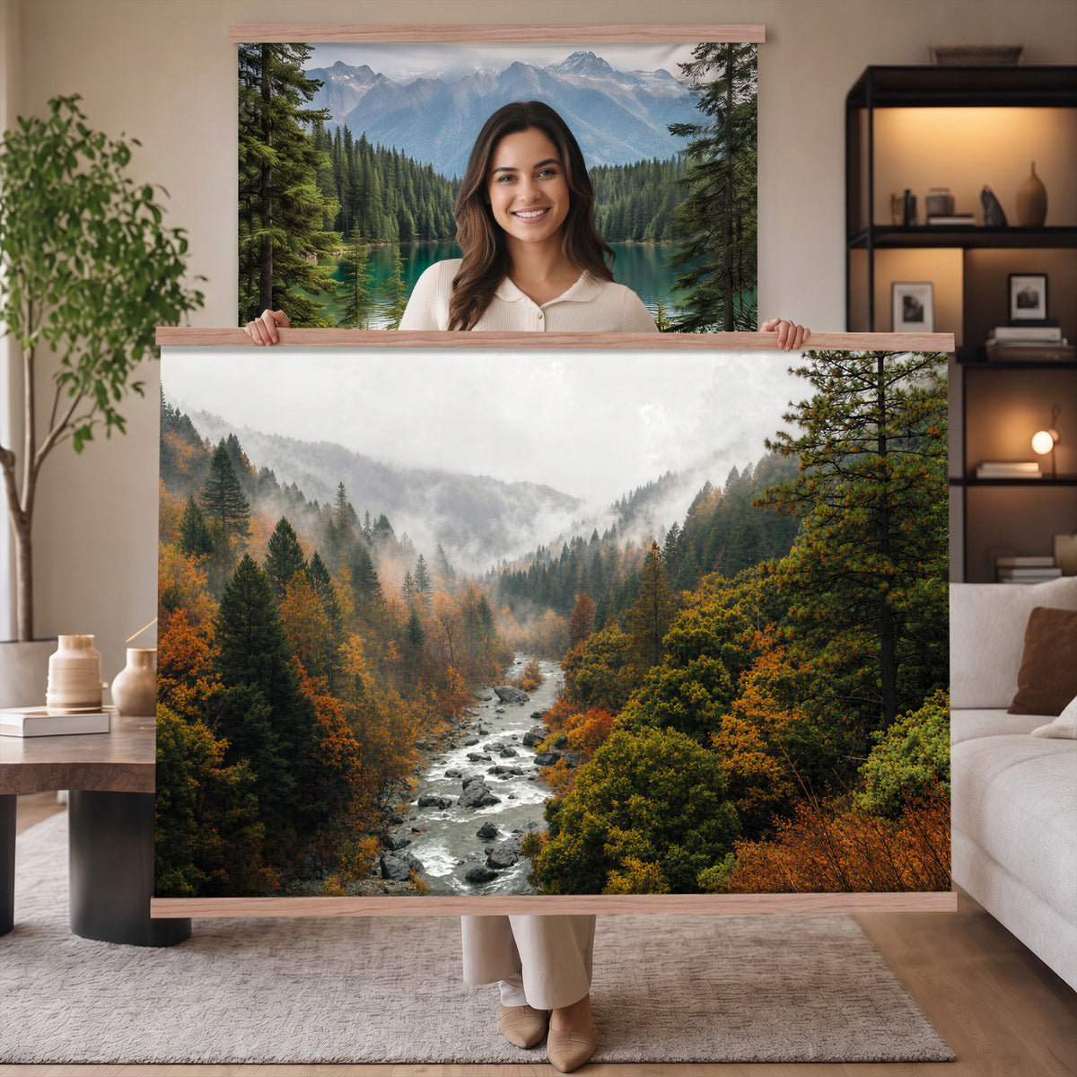 95540697-MGV-TP-30X20 - Misty River Mountain Valley Canvas Wall Art - Autumn Forest Landscape Nature Print