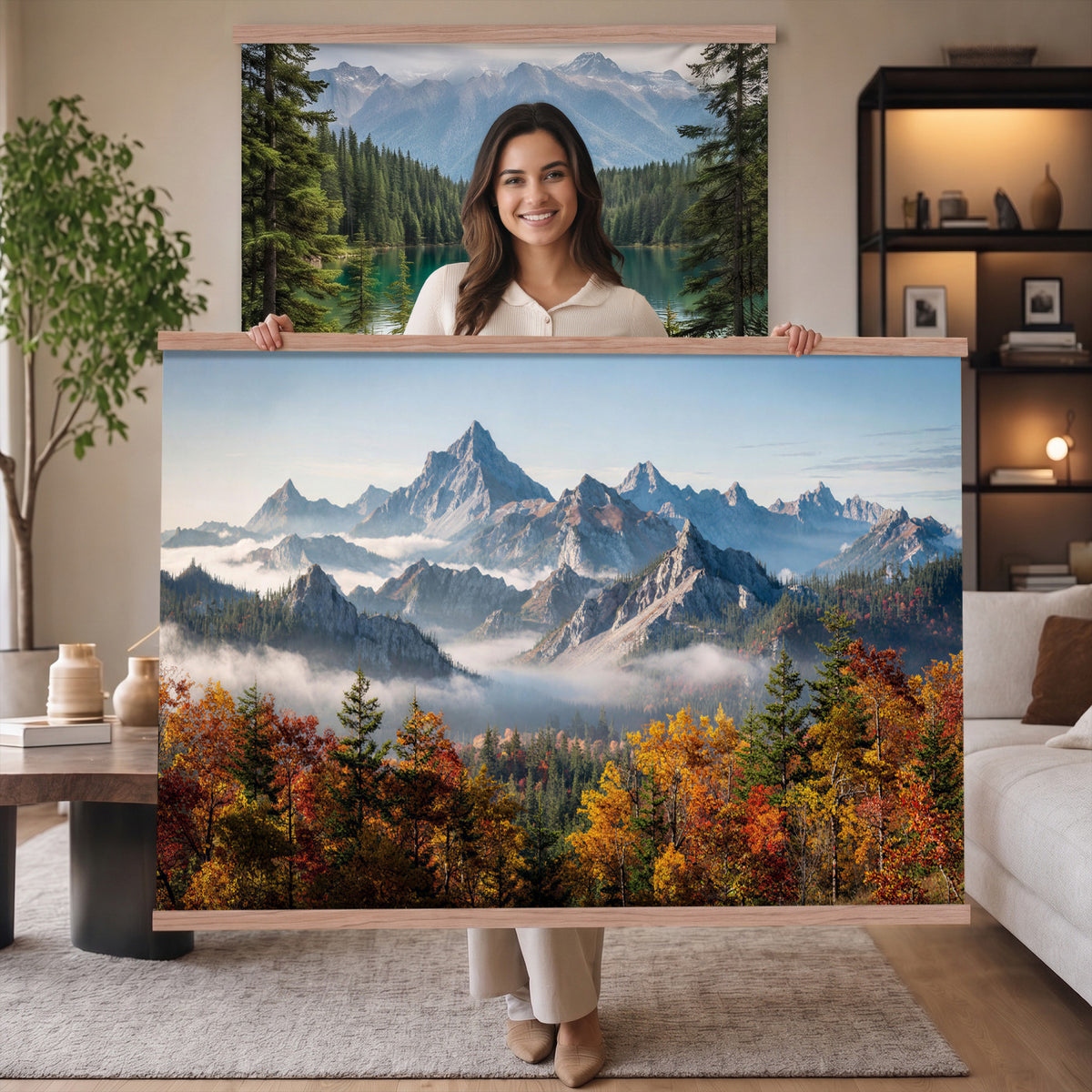 38847944-MGV-TP-30X20 - Majestic Mountain Peak Canvas Wall Art - Panoramic Autumn Forest Fog Landscape Print