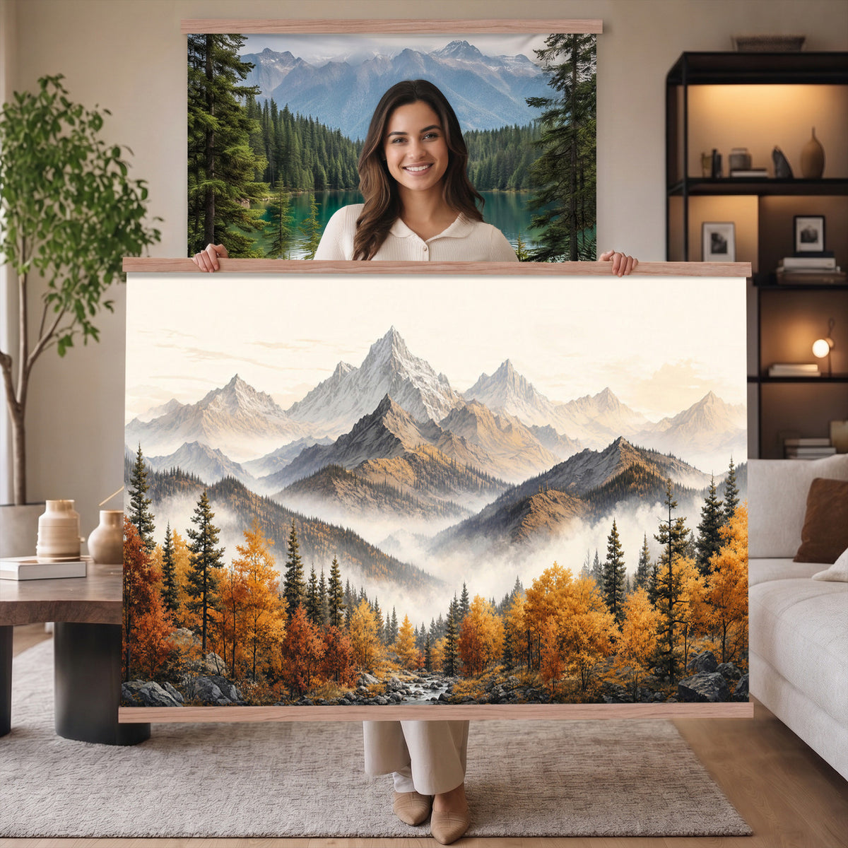 21309099-MGV-TP-30X20 - Extra Large Misty Mountain Autumn Forest Canvas Wall Art - Watercolor Fall Nature Landscape Print