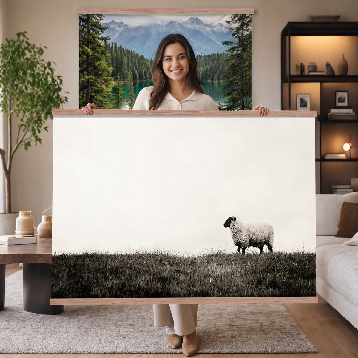 72749448-MGV-TP-30X20 - Minimalist Sepia Sheep Canvas Wall Art - Rustic Farmhouse Country Landscape Print