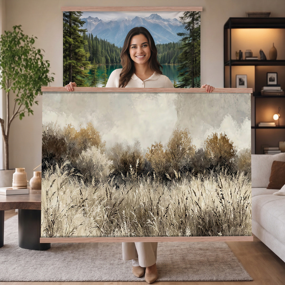53959945-MGV-TP-30X20 - Muted Neutral Forest Landscape Canvas Wall Art - Vintage Rustic Wildflower Meadow Print