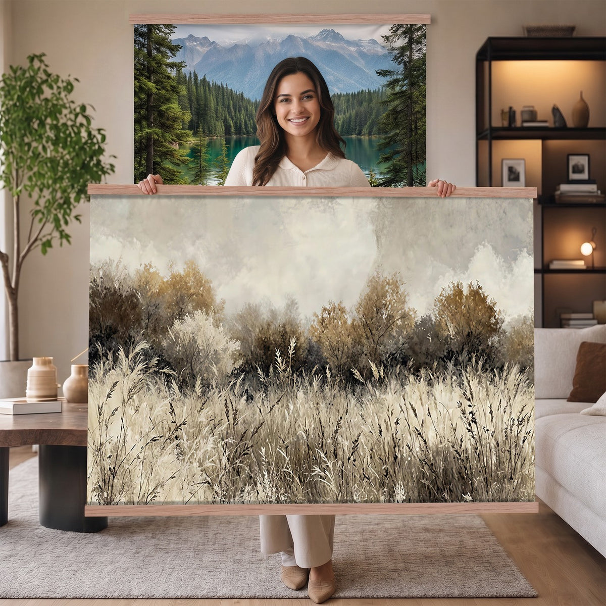 53959945-_Poster-30x20 - Muted Neutral Forest Landscape Canvas Wall Art - Vintage Rustic Wildflower Meadow Print