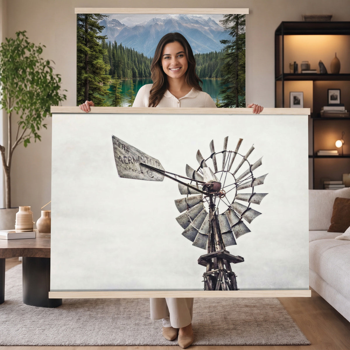 63200638-MGV-TP-30X20 - Vintage Rustic Farmhouse Windmill Canvas Wall Art - Western Country Landscape Print