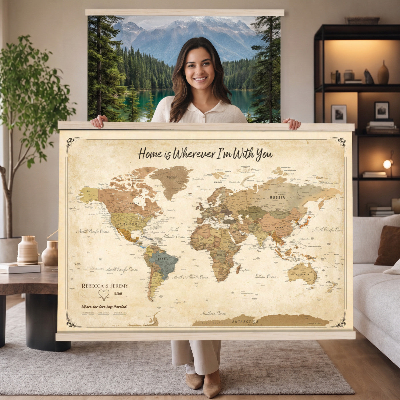 40086165-MGV-TP-30X20 - Framed Vintage Custom Push Pin World Map Canvas Print – Personalized Travel Map Wall Art