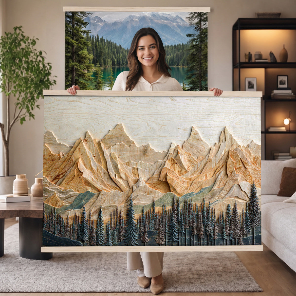 66676213-MGV-TP-30X20 - Geometric Wood Mountain Wall Art Canvas Print, 3D Look Rustic Mosaic Landscape Print