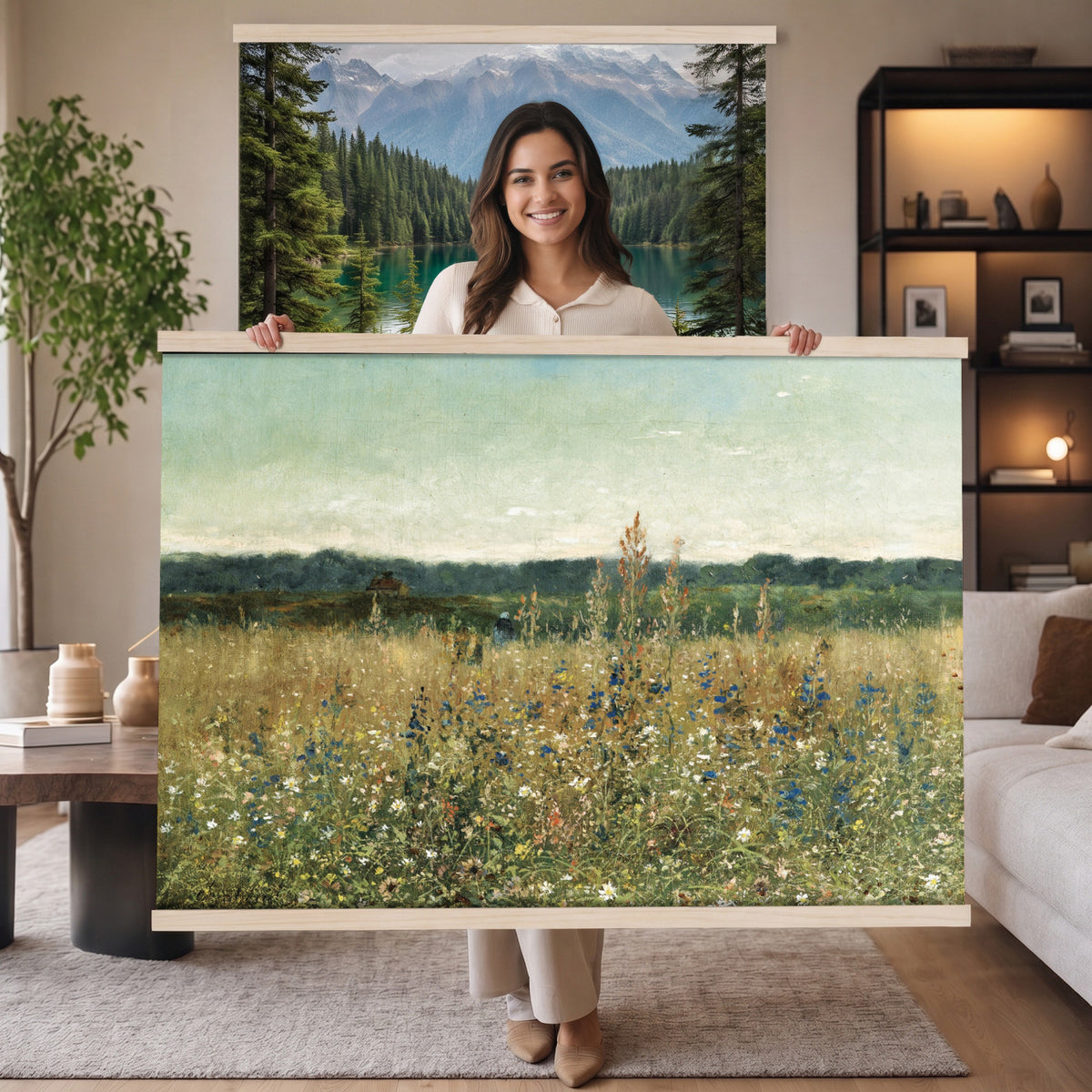 78325586-MGV-TP-30X20 - Realism oil painting tapestry wall hanging of "Champ fleuri" by Antoine Chintreuil, showing a wide flowering field running toward a low horizon, with soft scattered blooms and a pale open sky in soft white and green field tones under a pale luminous sky. Extra large wall art, made in the USA.