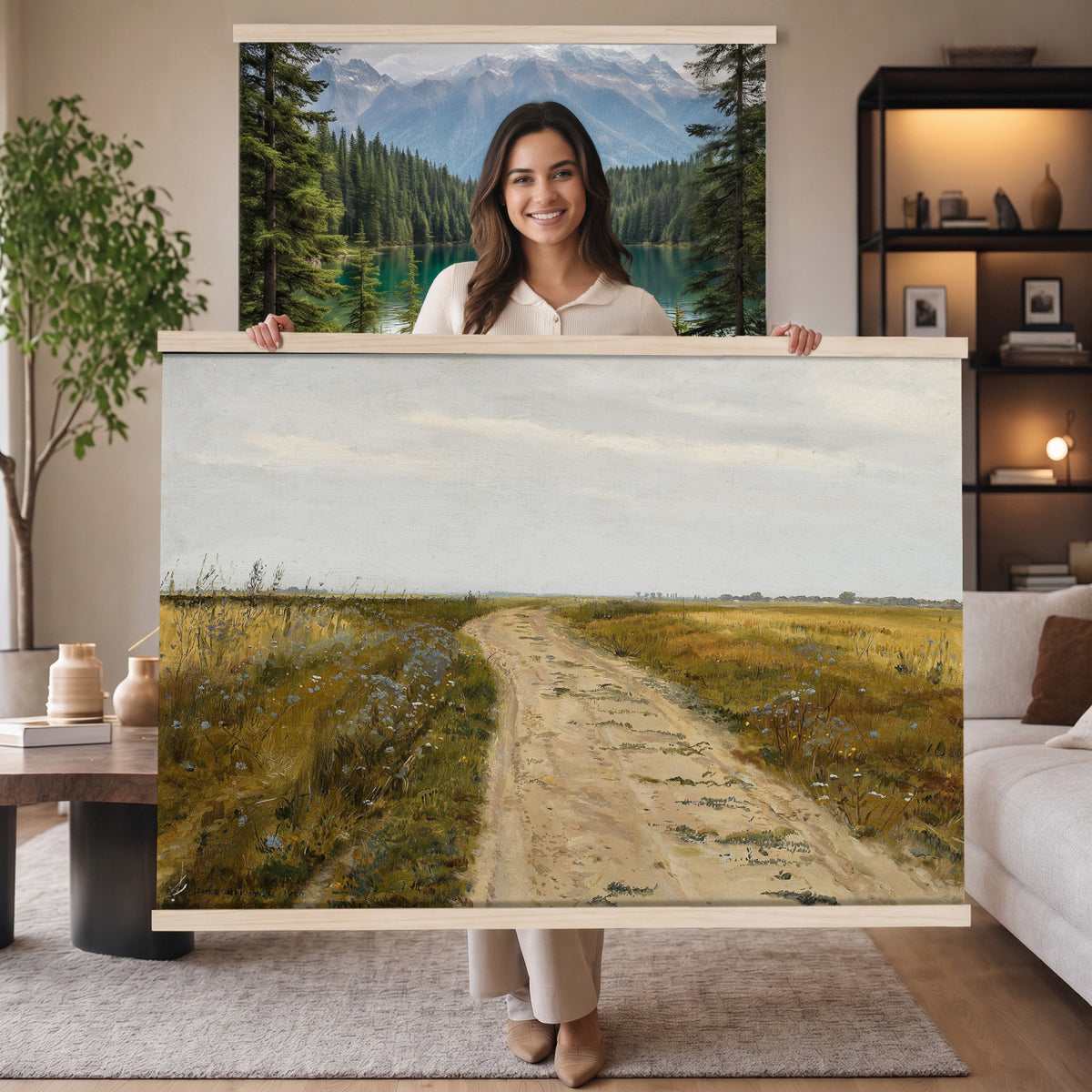 93198256-MGV-TP-30X20 - Realism oil painting tapestry wall hanging of "Field Track" by Jozef Chelmonski, showing a rutted dirt track cutting through open meadow grass toward a low horizon and a wide country sky in warm earth track tones with green meadow grass under a broad sky. Extra large wall art, made in the USA.