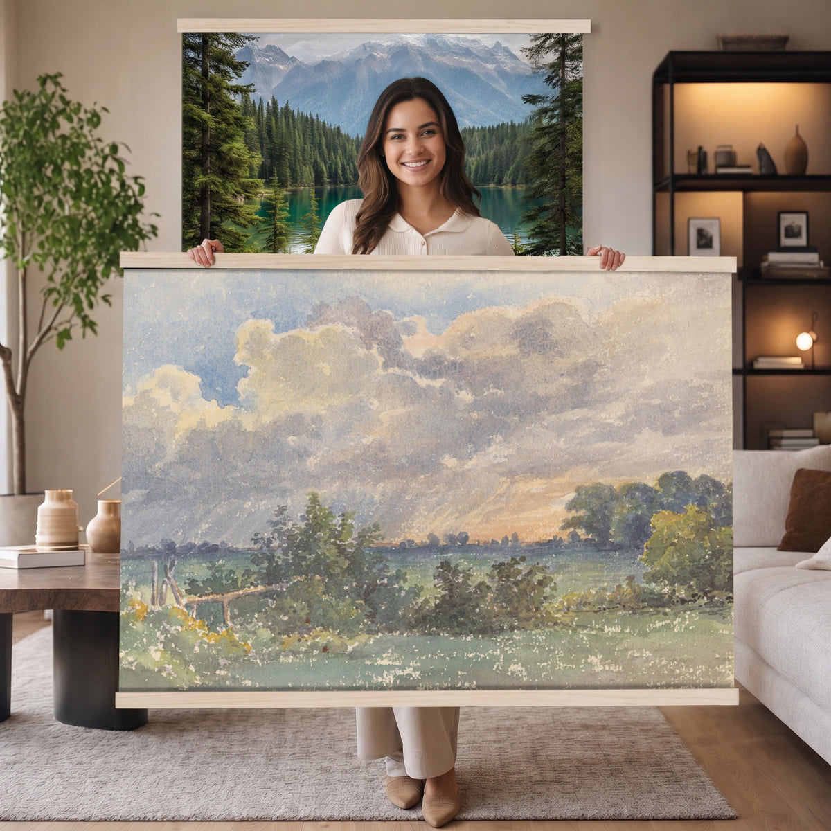 30588477-MGV-TP-30X20 - Realism oil painting tapestry wall hanging of "Landscape with Storm Clouds" by Jean-Baptiste Calame, showing heavy storm clouds gathering over a low country field, with a dark tree line holding the horizon in dark grey storm clouds over muted green fields. Extra large wall art, made in the USA.