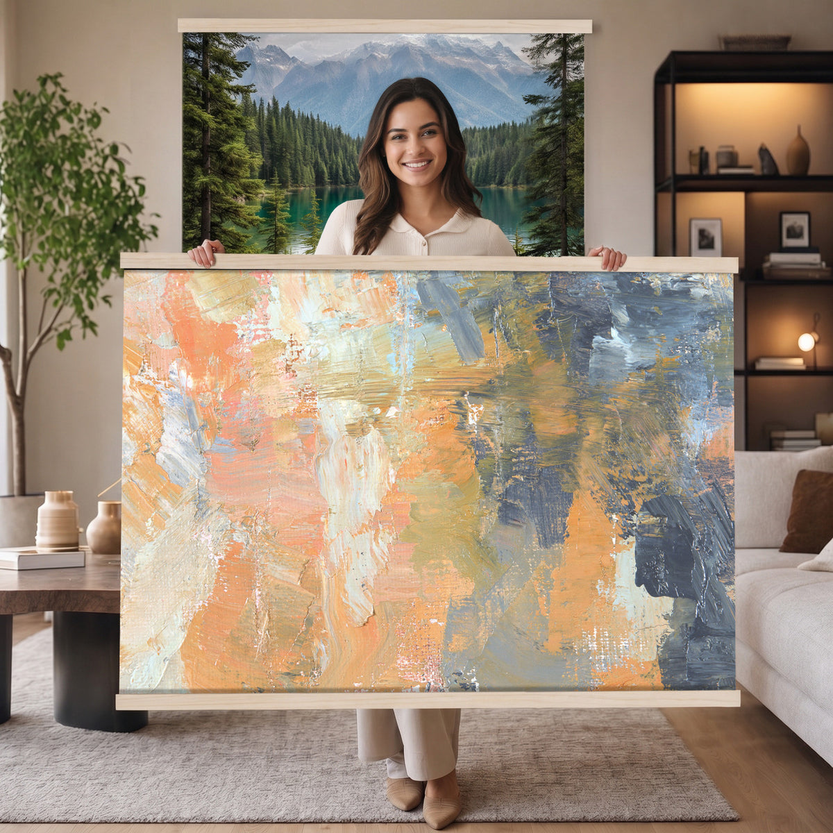 92754702-MGV-TP-30X20 - Cubism abstract oil painting tapestry wall hanging of "Abstract Landscape" by Nicolas de Stael, showing thick blocks of peach, grey, and cream laid side by side into a landscape that reads as pure shape and color in soft peach, warm grey, and cream color blocks. Extra large wall art, made in the USA.