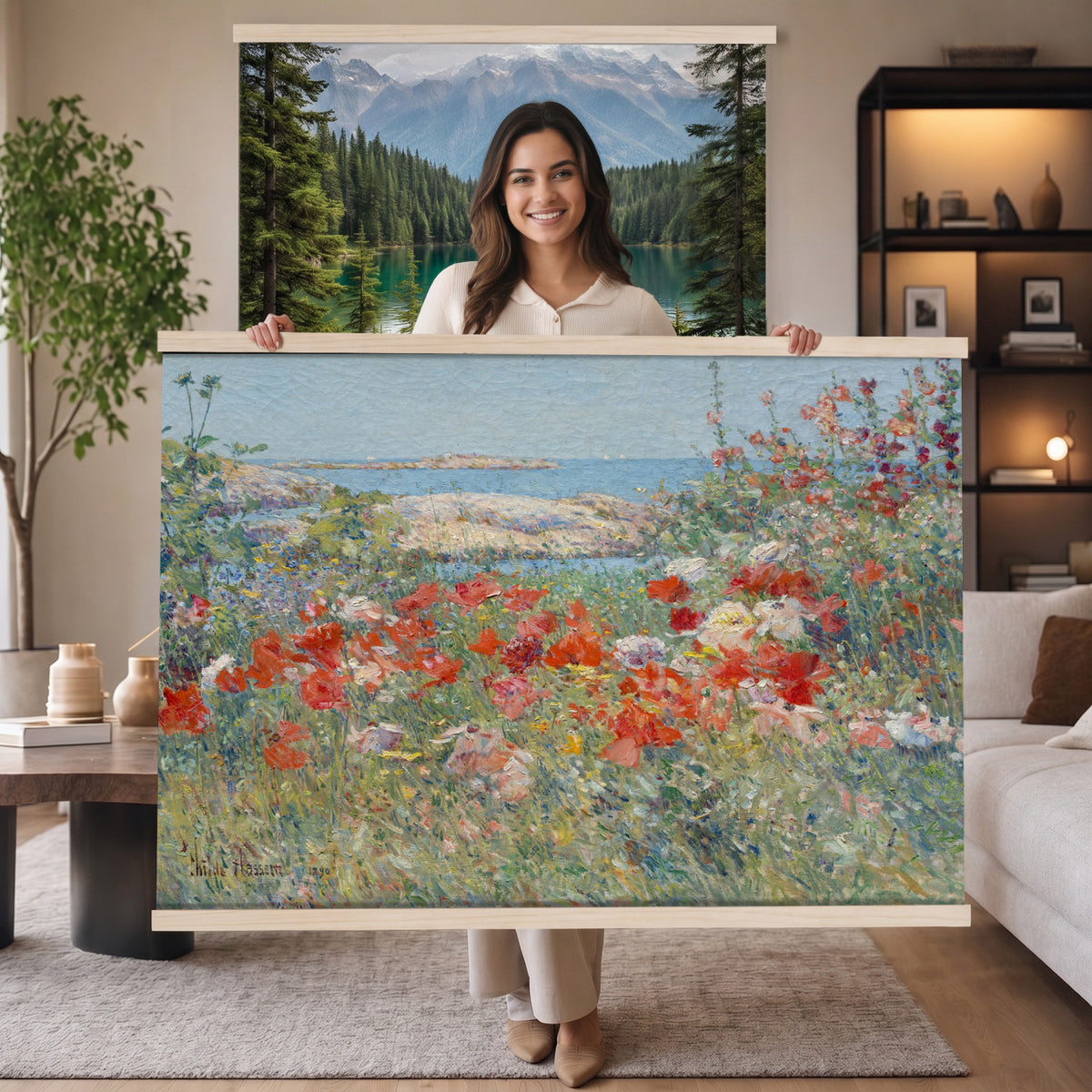 16720314-MGV-TP-30X20 - Impressionism oil painting tapestry wall hanging of "Celia Thaxter's Garden, Isles of Shoals" by Childe Hassam, showing a cliffside garden bursting with red poppies above a bright blue sea and rocky island shore in vivid red poppies against deep blue sea and green garden foliage. Extra large wall art, made in the USA.