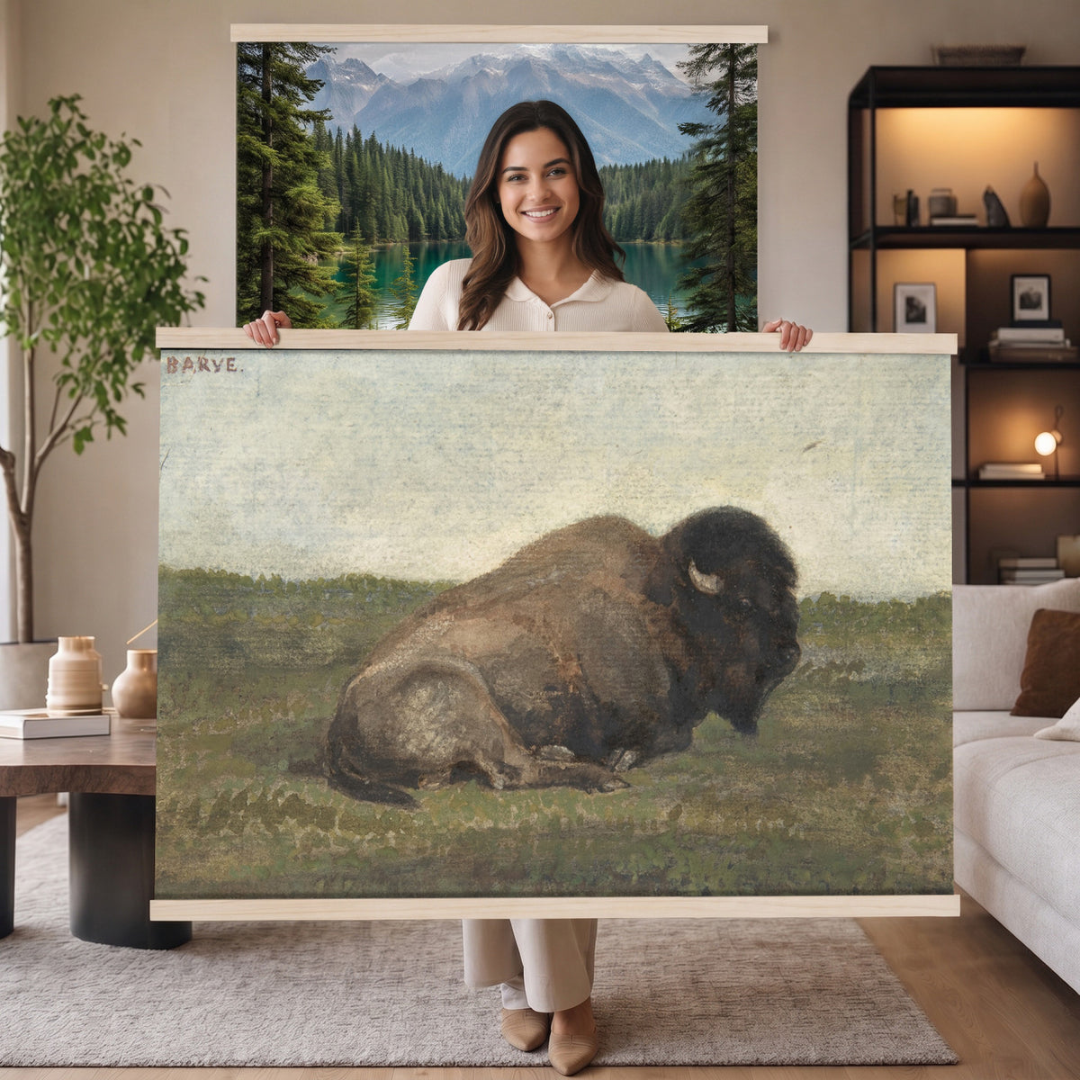 59987270-MGV-TP-30X20 - Realism oil painting tapestry wall hanging of "Bison Lying Down" by Antoine-Louis Barye, showing a heavy bison at rest on open prairie ground, painted with weight and quiet animal presence in deep brown bison coat against muted prairie grass and a low sky. Extra large wall art, made in the USA.