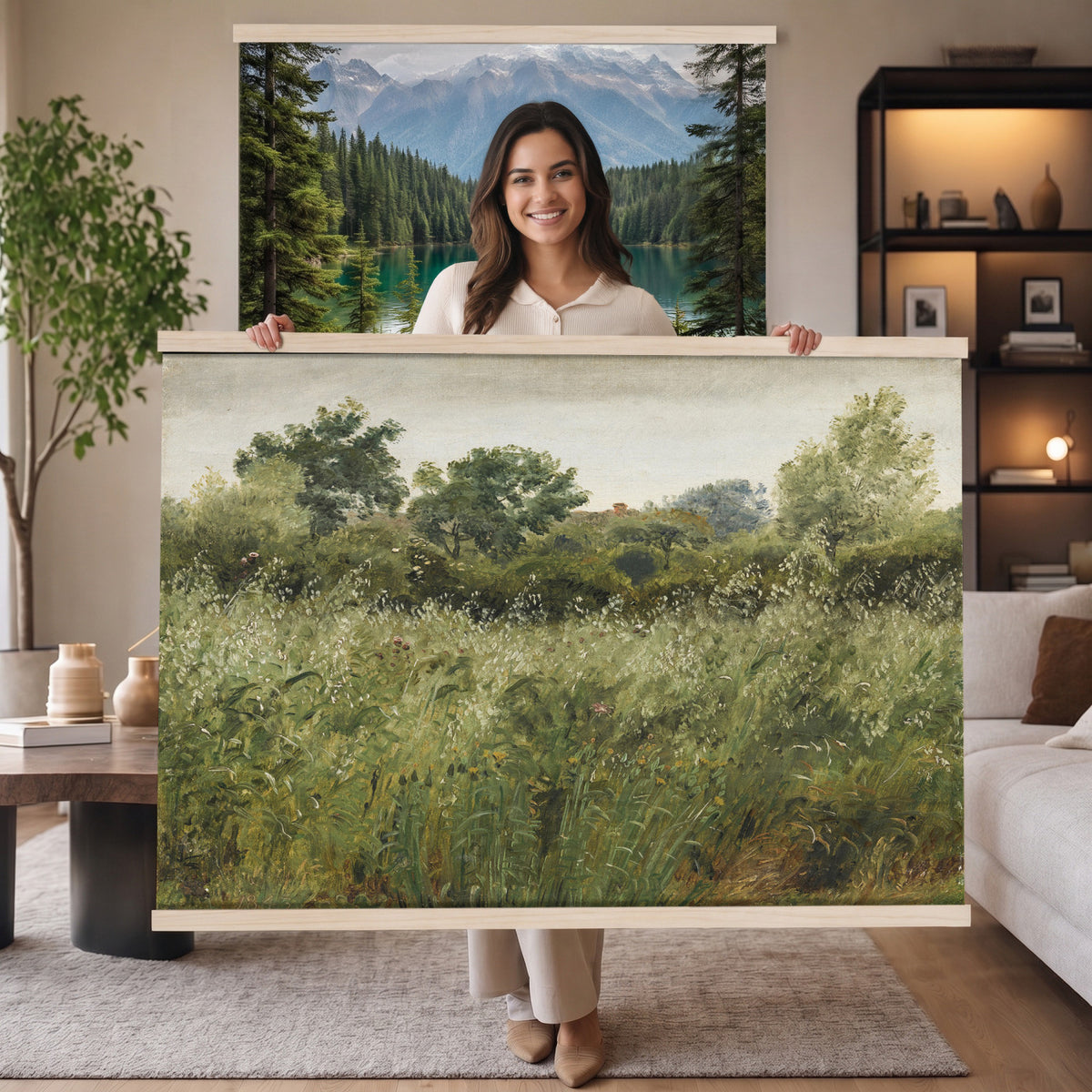 65790269-MGV-TP-30X20 - Realism oil painting tapestry wall hanging of "Field of Oats near Vejby" by Dankvart Dreyer, showing a ripe oat field bending in the breeze, with low farm buildings and a wide soft Danish sky beyond in warm golden oat tones with soft green edges under a pale wide sky. Extra large wall art, made in the USA.