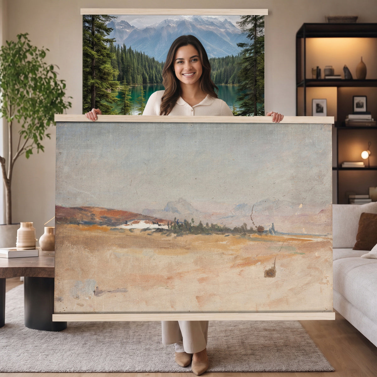 54607912-MGV-TP-30X20 - Impressionism oil painting tapestry wall hanging of "Antequera" by Jan Ciaglinski, showing the dry Andalusian hills above Antequera in warm ochre and rose light, with pale rock ridges rolling into the distance in warm ochre, rose, and sand hill tones under a bright hazy sky. Extra large wall art, made in the USA.