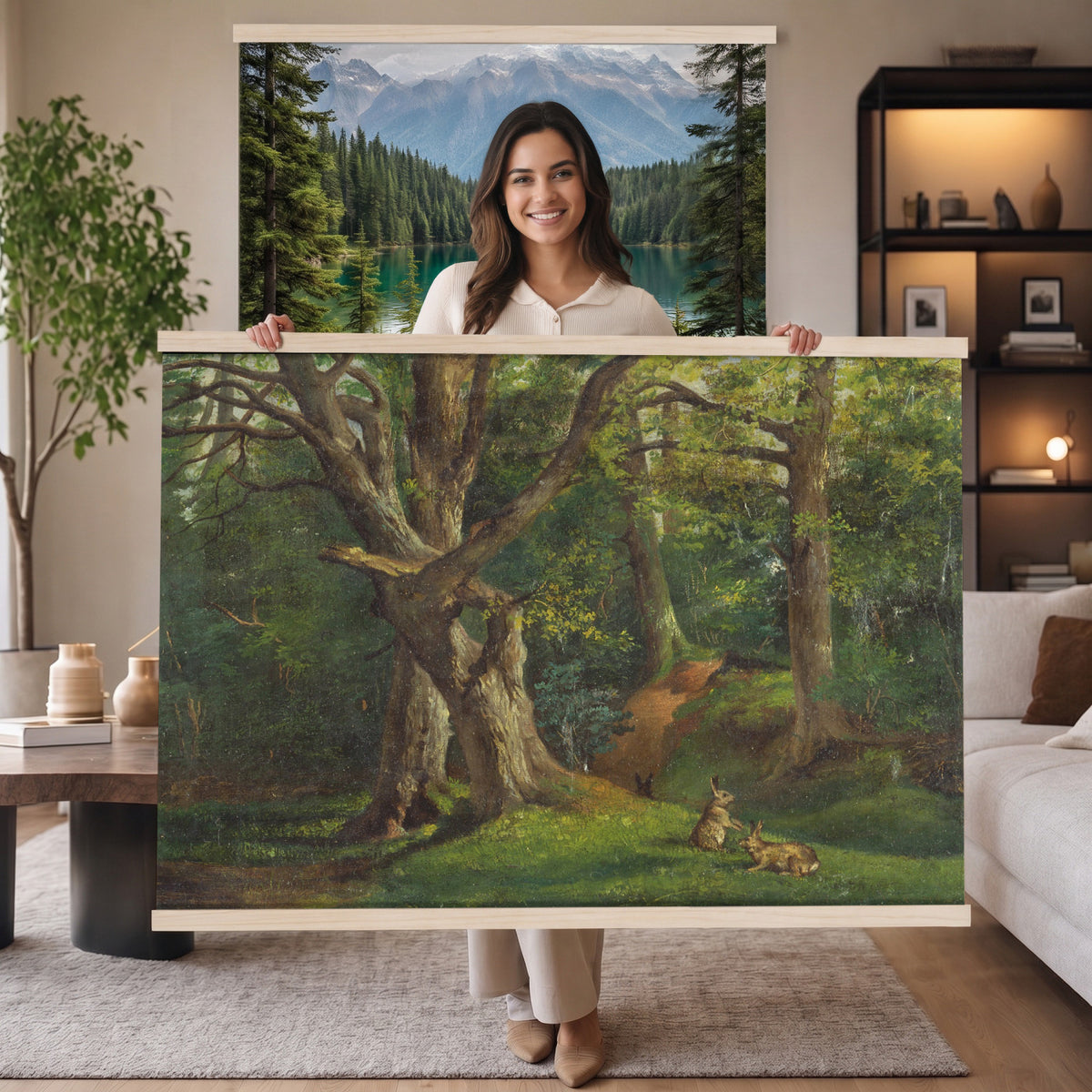86376524-MGV-TP-30X20 - Barbizon oil painting tapestry wall hanging of "By the Brook" by Xavier De Cock, showing a shaded brook winding through dense woodland, with a small hidden figure resting among the trees in dark layered forest greens with warm brown earth and pale water light. Extra large wall art, made in the USA.