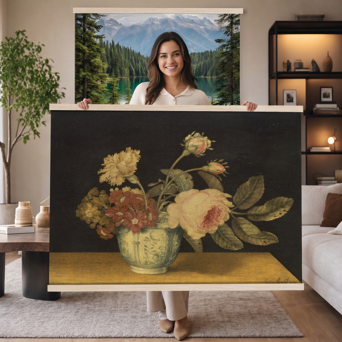 41160341-MGV-TP-30X20 - Impressionism oil painting tapestry wall hanging of "Golden Roses" by Olga Boznanska, showing a loose bunch of golden yellow roses in a glass vase, painted with soft dissolving edges against a warm ground in warm golden-yellow rose petals against a soft muted brown background. Extra large wall art, made in the USA.