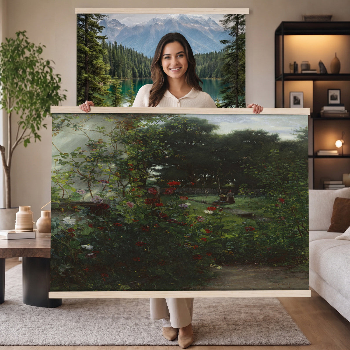 99581515-MGV-TP-30X20 - Barbizon oil painting tapestry wall hanging of "By the Brook" by Xavier De Cock, showing a shaded brook winding through dense woodland, with a small hidden figure resting among the trees in dark layered forest greens with warm brown earth and pale water light. Extra large wall art, made in the USA.
